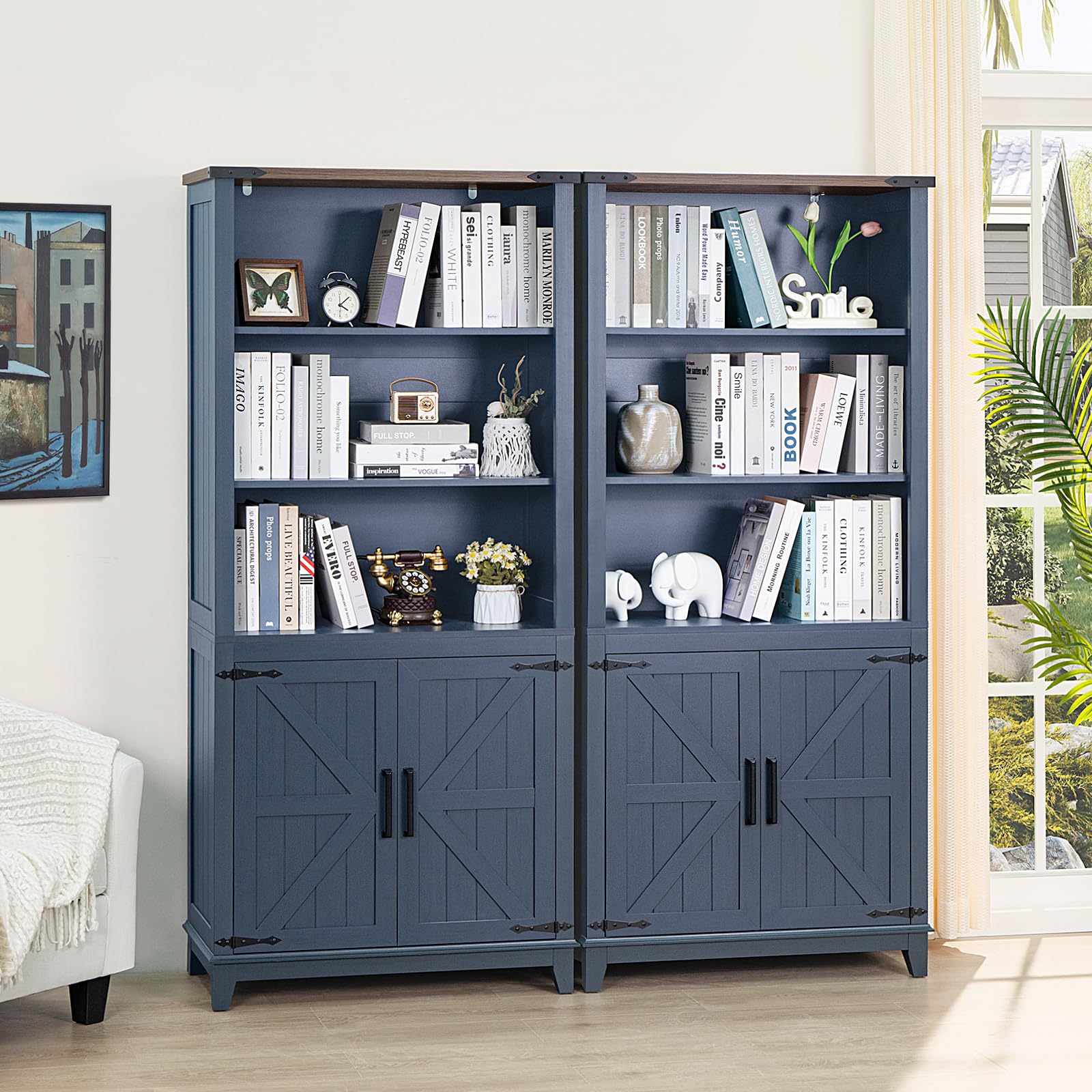 Joaxswe 70in Tall Bookshelf 5 Tier Bookcase with Barn Doors and Adjustable Shelves, Black Farmhouse Book Shelf with Storage Cabinet, Wood Freestanding Display Bookshelves for Bedroom, Living Room