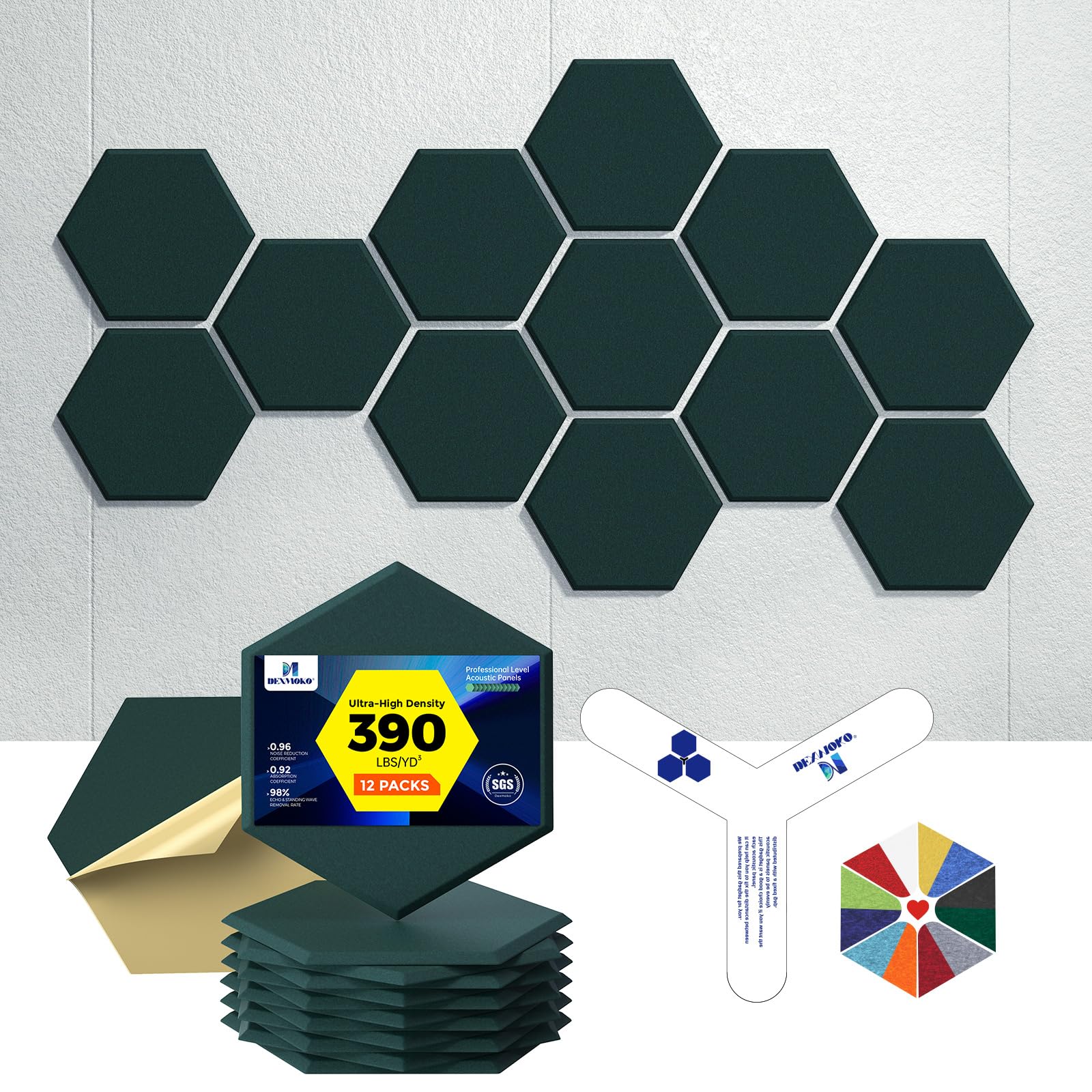 Self-Adhesive Acoustic Panels [390 lbs/yd³ Ultra-High Density], 2nd Generation Sound Absorbing Panel, Professional Level Sound Panel, Polyester Soundproof Foam [Medium Hexagon, Beige]