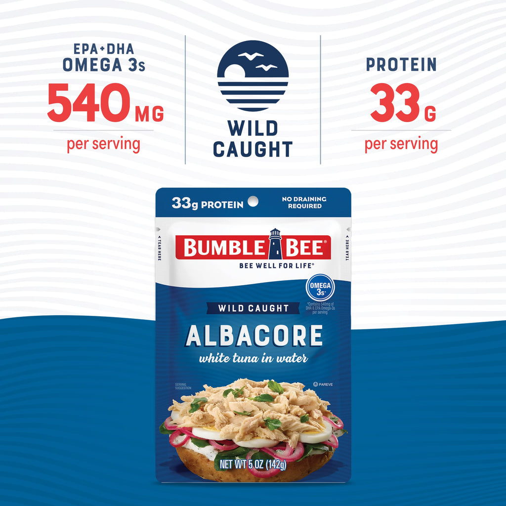 Bumble Bee Lemon & Garlic Seasoned White Albacore Tuna in Water, 2.5 oz Pouch - Wild Caught Tuna - 15g Protein per Serving, High in Omega-3s - Non-GMO, Gluten Free - No Draining Required
