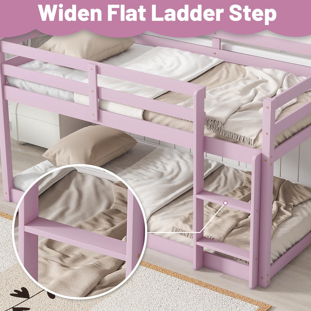 Bunk Bed Twin Over Twin, Wood Low Profile Floor Twin Bunk Beds with Headboard Ladder Guardrails for Kids Boys and Girls, No Box Spring Needed