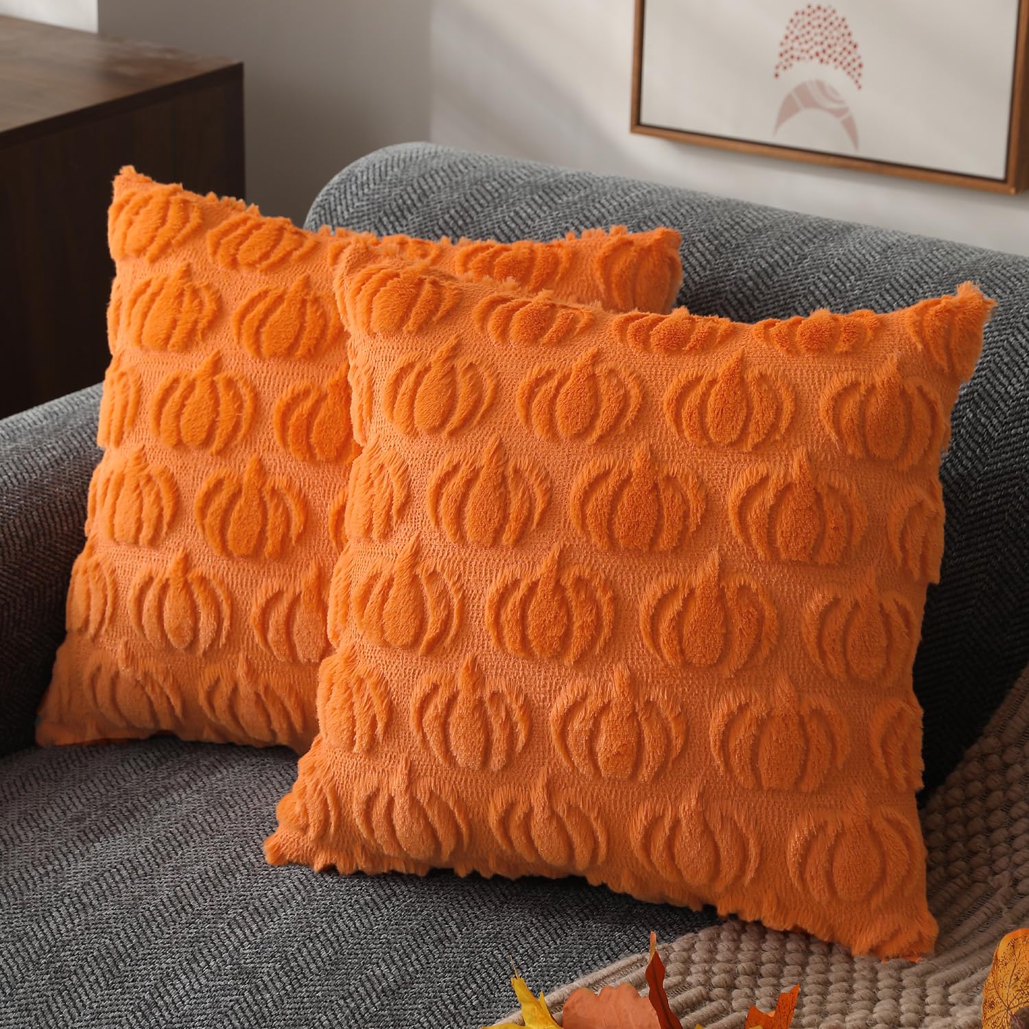 DFXSZ Fall Pillow Covers 16x16 Set of 2 Fall Decorations Autumn Beige Pumpkin Throw Pillow Cases Soft Plush Faux Fur Wool Couch Cushion Case for Chair Sofa Bedroom Living Room Home Decor PTK02B16