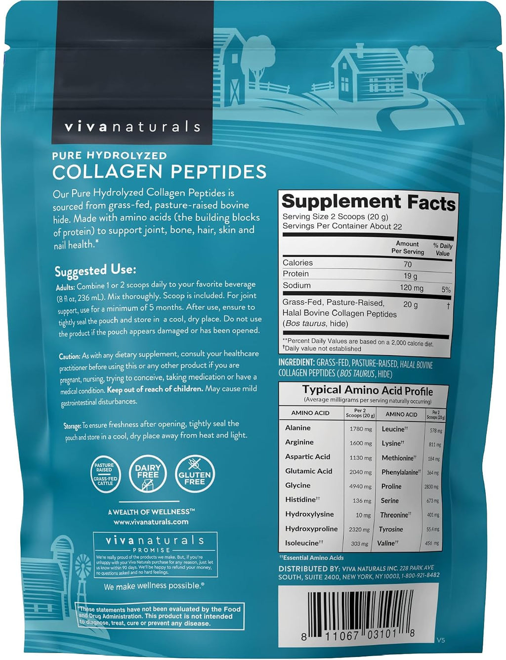 Viva Naturals Collagen Peptides Powder - Grass-Fed Hydrolyzed Bovine, Type I & III - 19 g Protein, Unflavored, Easy Dissolving - Joint, Skin, Hair & Nail Support - Paleo, Keto, Non-GMO - 1lb
