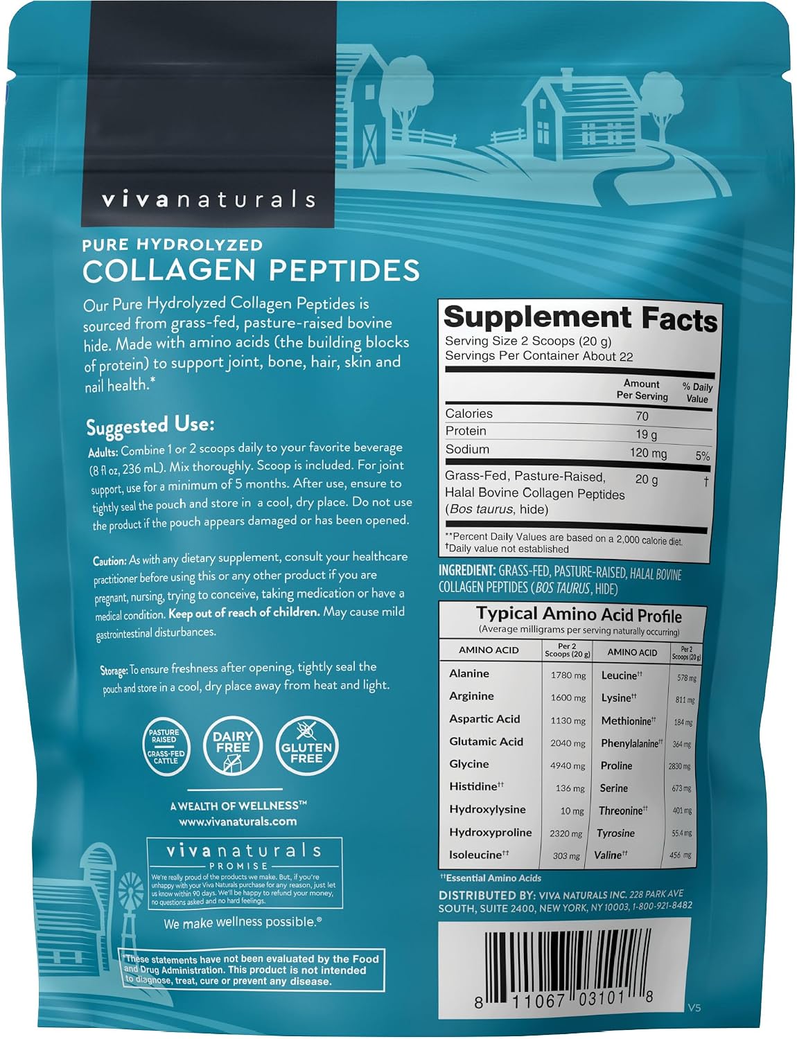 Viva Naturals Collagen Peptides Powder - Grass-Fed Hydrolyzed Bovine, Type I & III - 19 g Protein, Unflavored, Easy Dissolving - Joint, Skin, Hair & Nail Support - Paleo, Keto, Non-GMO - 1lb