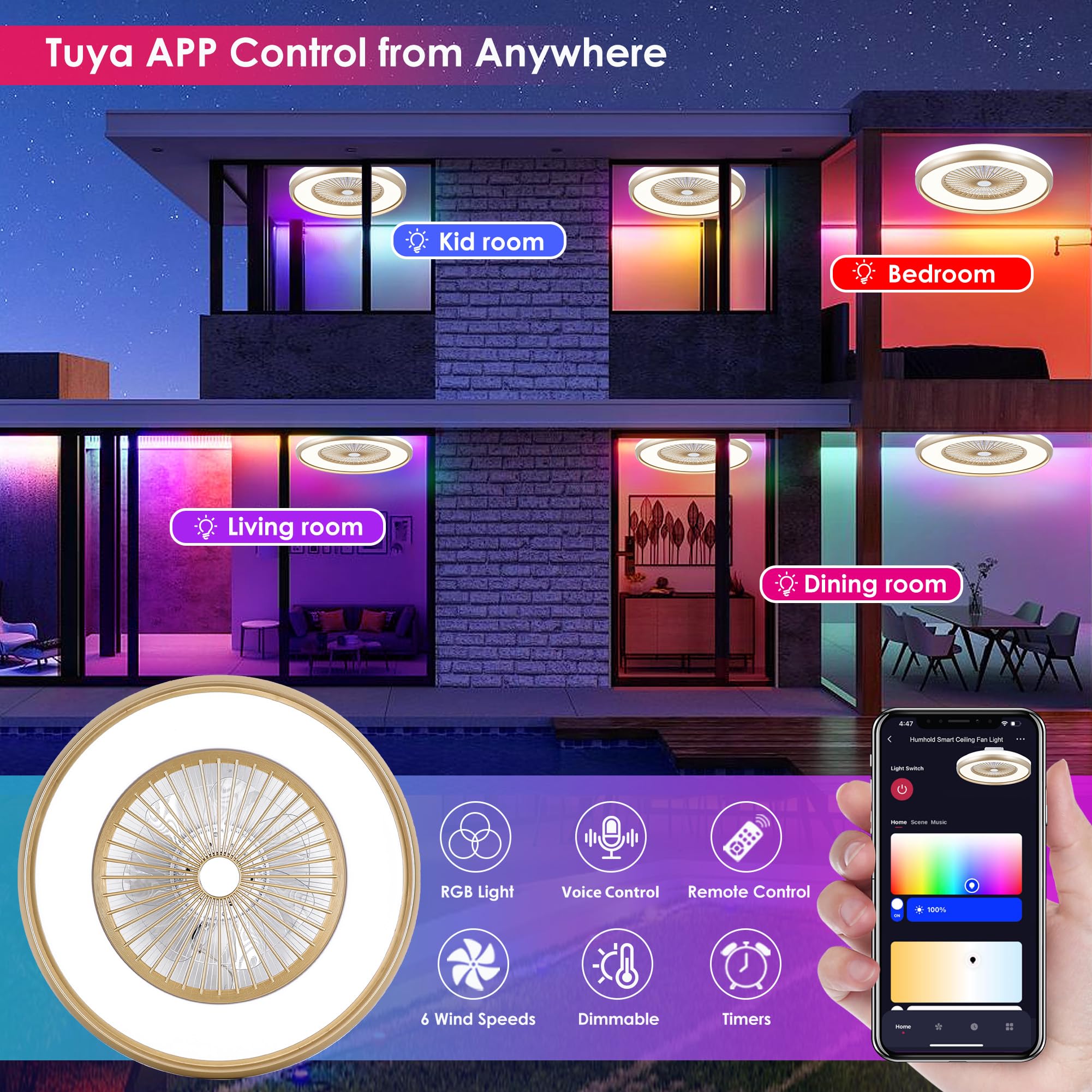 24" Bladeless Ceiling Fan with Light Remote, Smart LED Ceiling Fans with App Control, Modern Low Profile Dimmable Light Ceiling Fan for Bedroom Living Room Gold