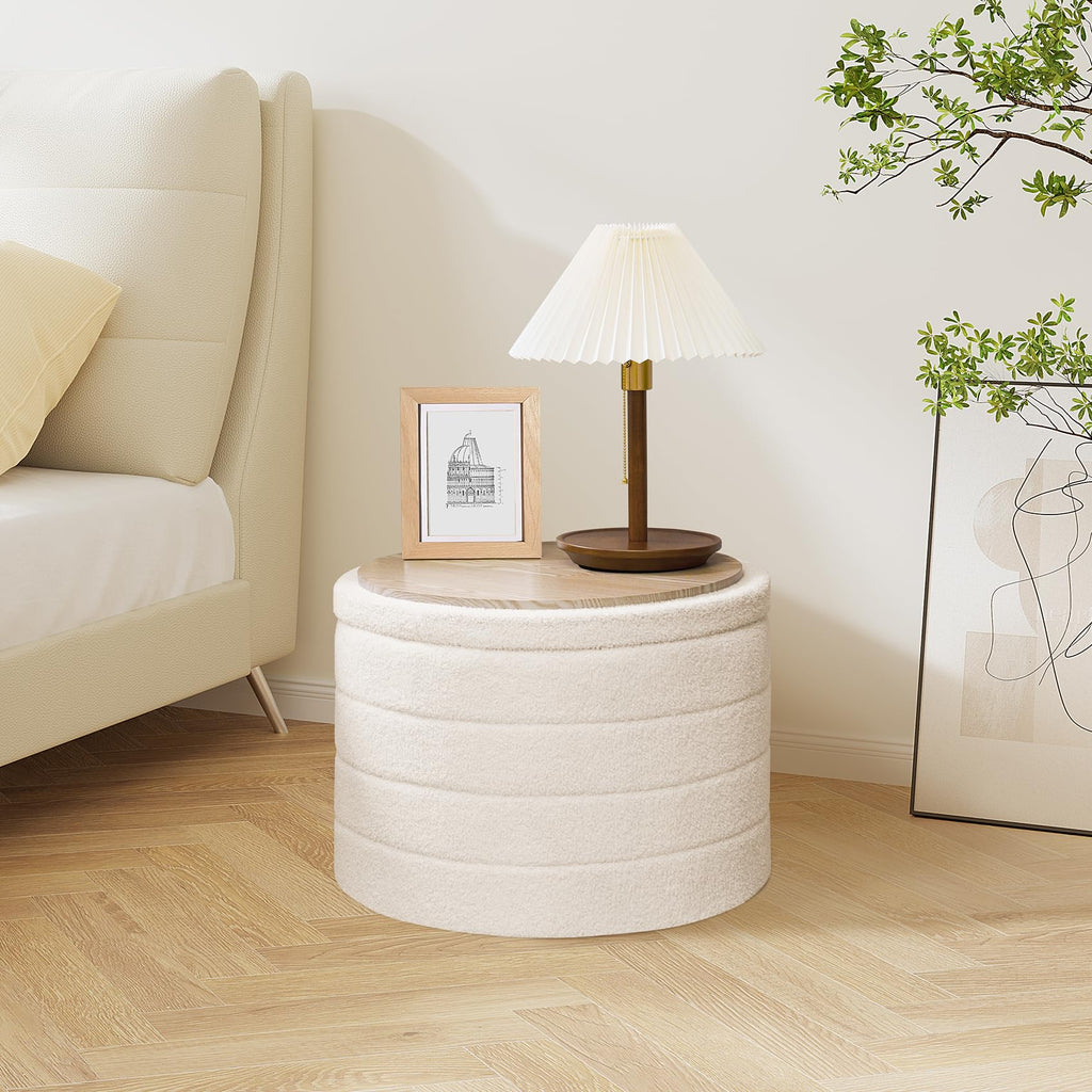 PINPLUS Round Storage Ottoman Foot Rest Stool with Tray Velvet Sherpa Folding Storage Ottoman,Boucle Foot Rest for Living Room, Bedroom, Dorm（Beige）