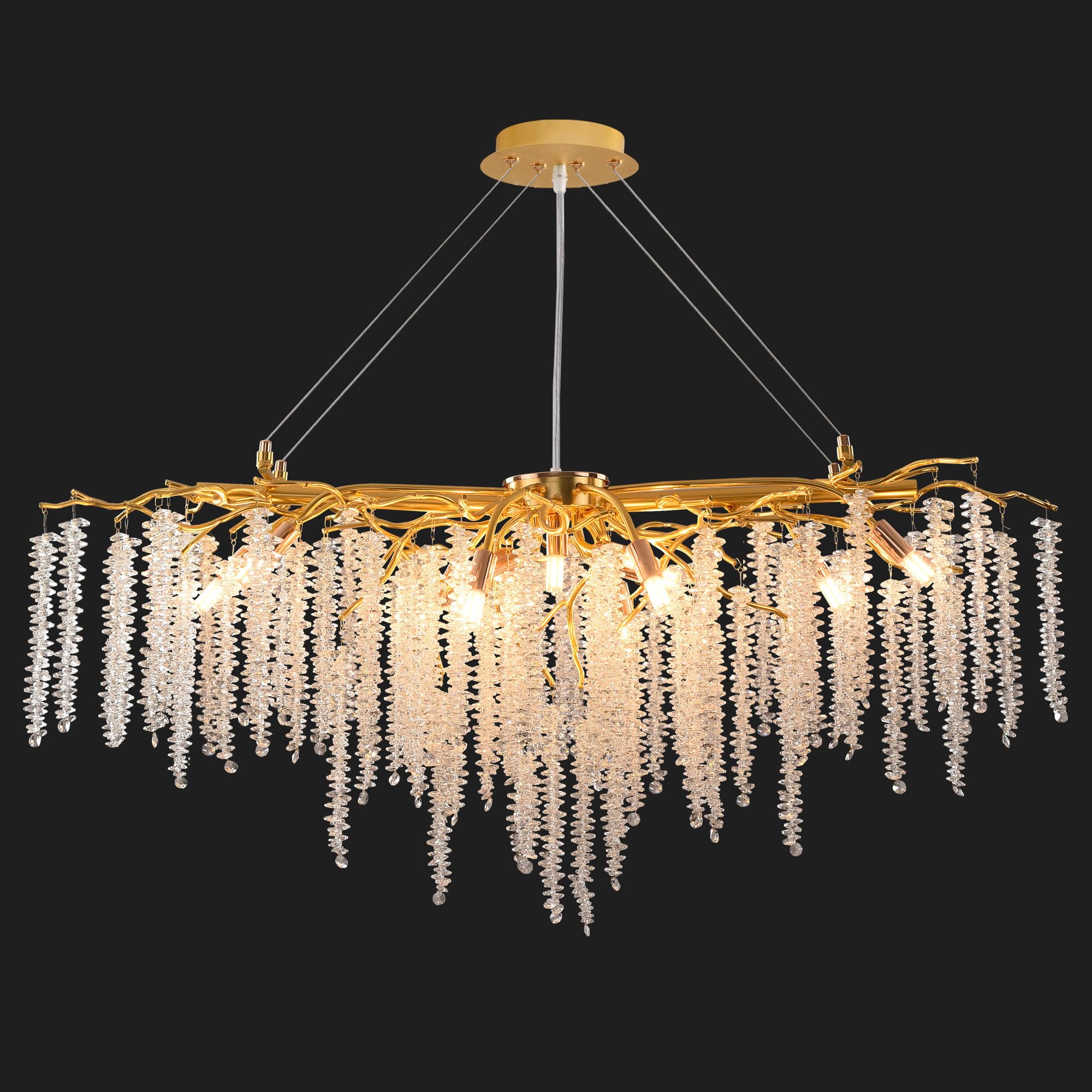 Modern Crystal Raindrop Chandelier, L40'' Black Linear Rectangle Art Deco Tree Branch Lighting Fixture for Kitchen Island Living Room Foyer Staircase 10 Lights