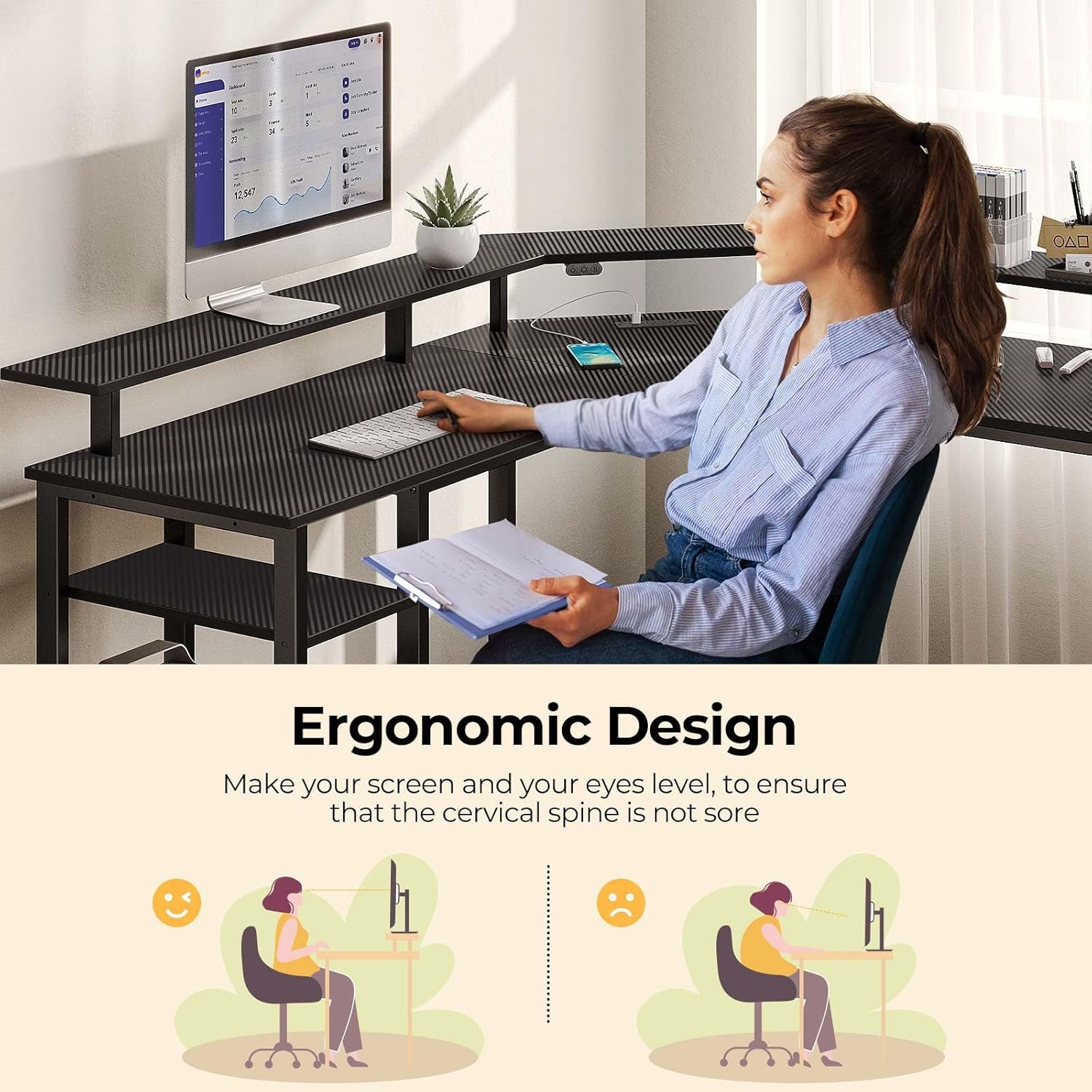 Rolanstar L Shaped Gaming Desk with LED Lights & Power Outlets, 46.2" Computer Desk with Full Monitor Stand & Storage Shelf, Corner Desk with Hooks, Carbon Fiber Desk Reversible