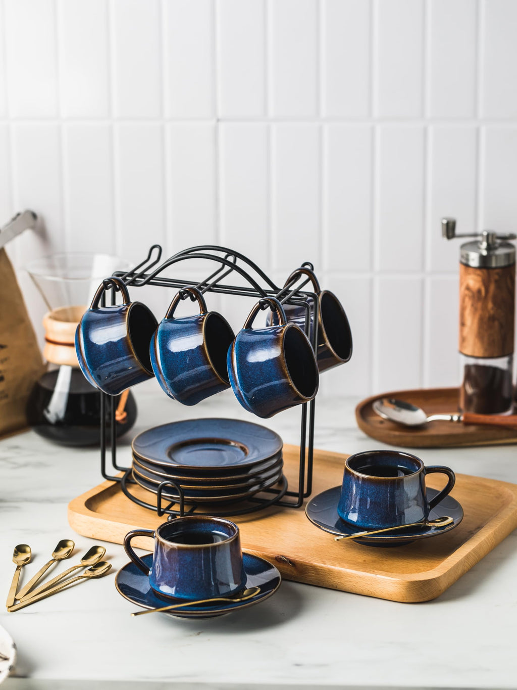 YHOSSEUN Ceramic Espresso Cups Set of 6, 4 OZ Expresso Shots Cup with Stand, Saucers & Spoons, Small Coffee Cup Demitasse Cups for Father's Day, Espresso Accessories for Machine, Black