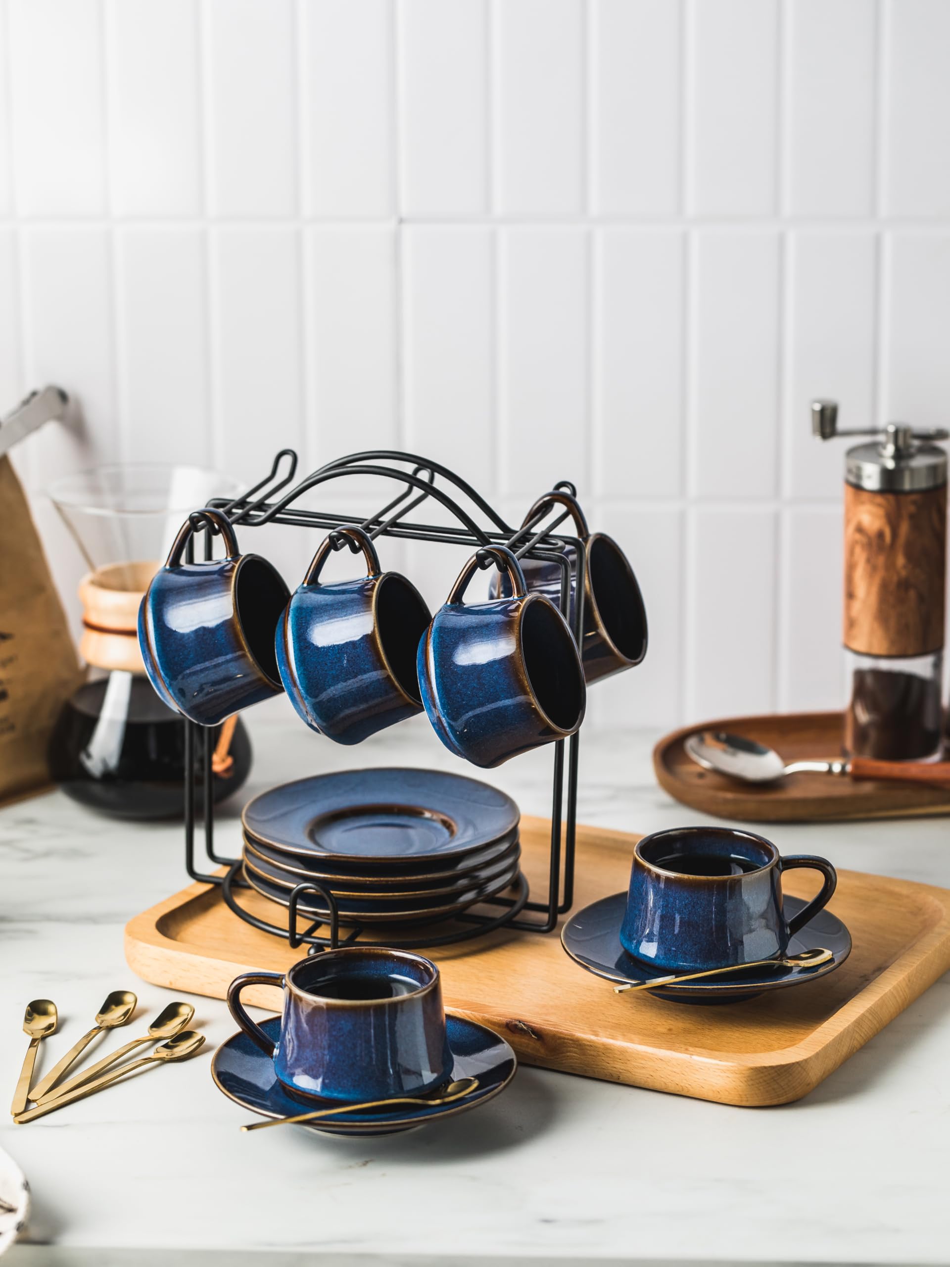 YHOSSEUN Ceramic Espresso Cups Set of 6, 4 OZ Expresso Shots Cup with Stand, Saucers & Spoons, Small Coffee Cup Demitasse Cups for Father's Day, Espresso Accessories for Machine, Black