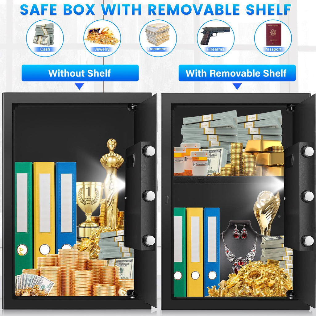 Home Safe Box, Safes with Fireproof Waterproof Bag, 9.84'' H Anti-Theft Digital Security Lock Box with Smart Alert System, Removable Shelf, Mute Function, Document Safes for Jewelry