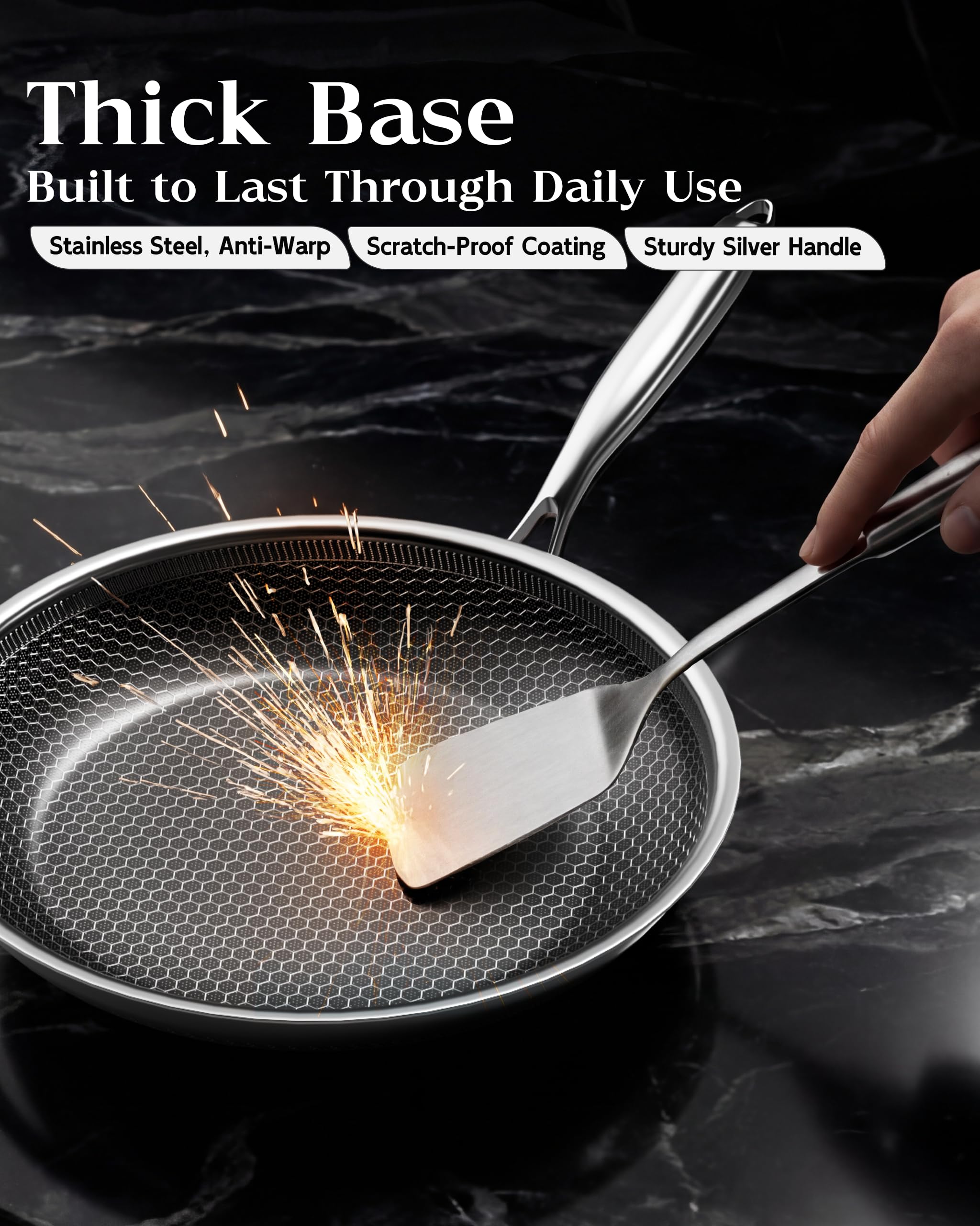 Nonstick Frying Pan with Lid 7-Inch, Durable Stainless Steel Skillet, Induction & Oven Safe 500°F, PFOA-Free Scratch-Proof, Dishwasher Safe, Stay-Cool Handle, Silver Kitchen Cookware