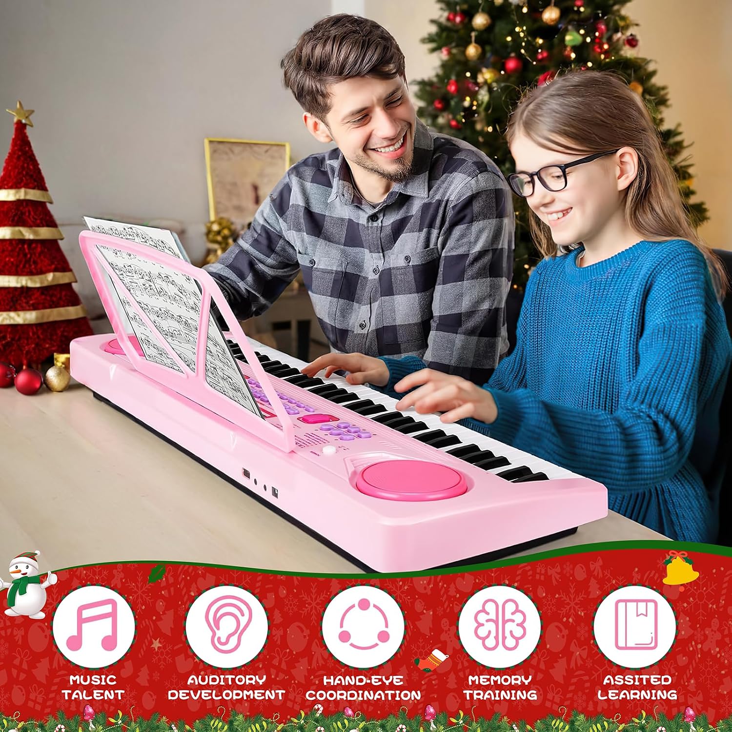 WOSTOO 61 Key Piano Keyboard for Kids, Portable 24.6-Inch Electronic Digital Piano with Follow Teaching Mode, Music Stand, Microphone & Recording, Educational Musical Instrument for Beginners, Pink