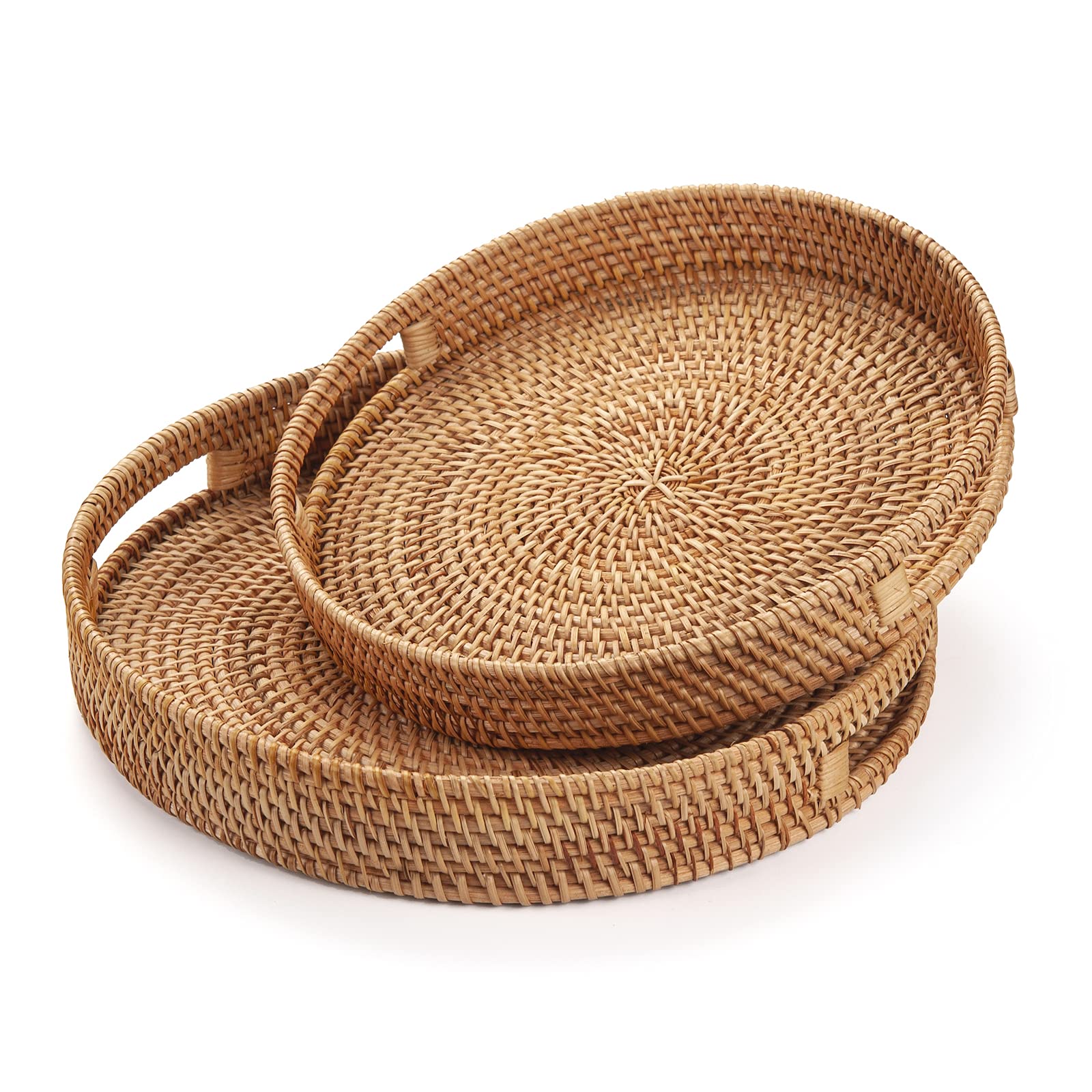 Round Rattan Serving Tray Decorative Woven Ottoman Trays with Handles for Coffee Table Natural (Small 11.8 inch x 2 inch)