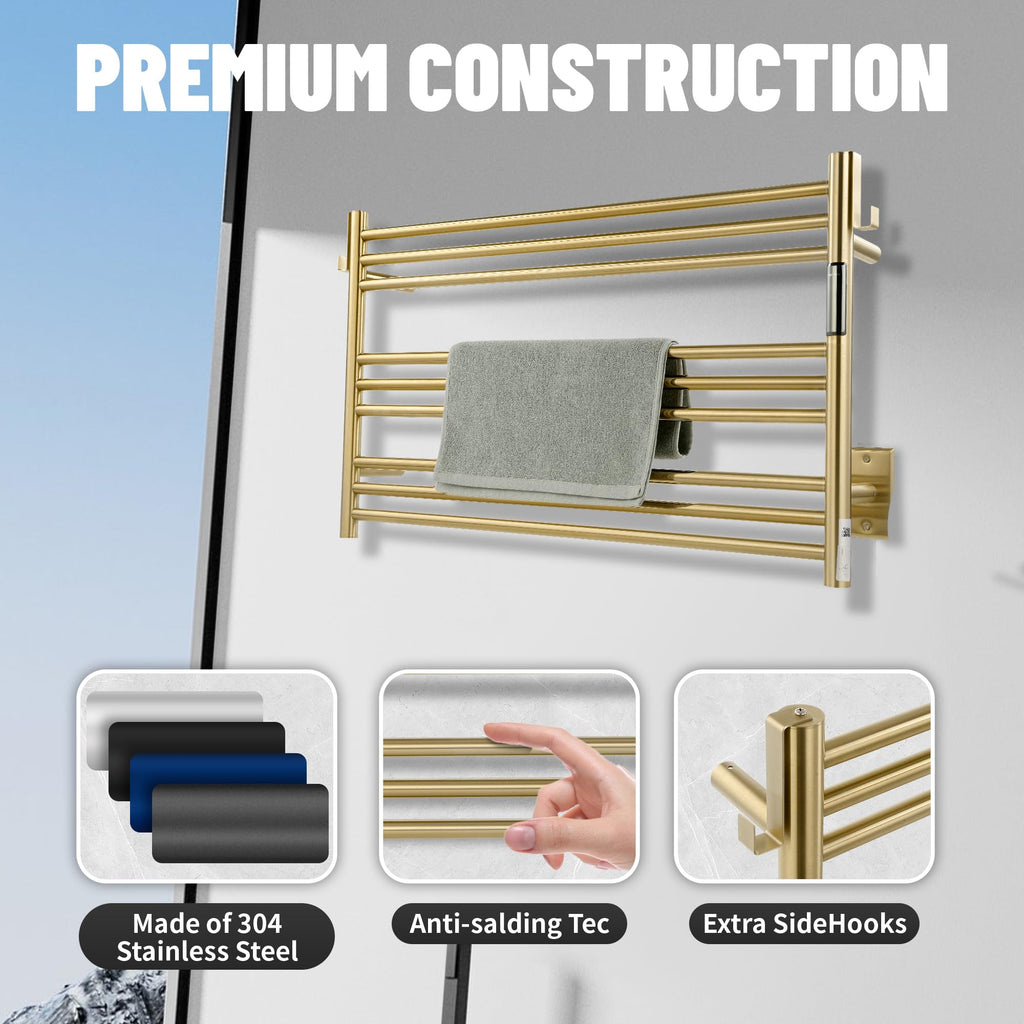 K&KALONZO Wall-Mounted 9-Bar Heated Towel Rack, Fast Heat in 2 Min, NTC Safety | 4 Timers & 3 Heat Levels Control, Plug-In/Hardwired, Top Hooks, Memory Function, Anti-Scald, Stainless Steel, EL13ML