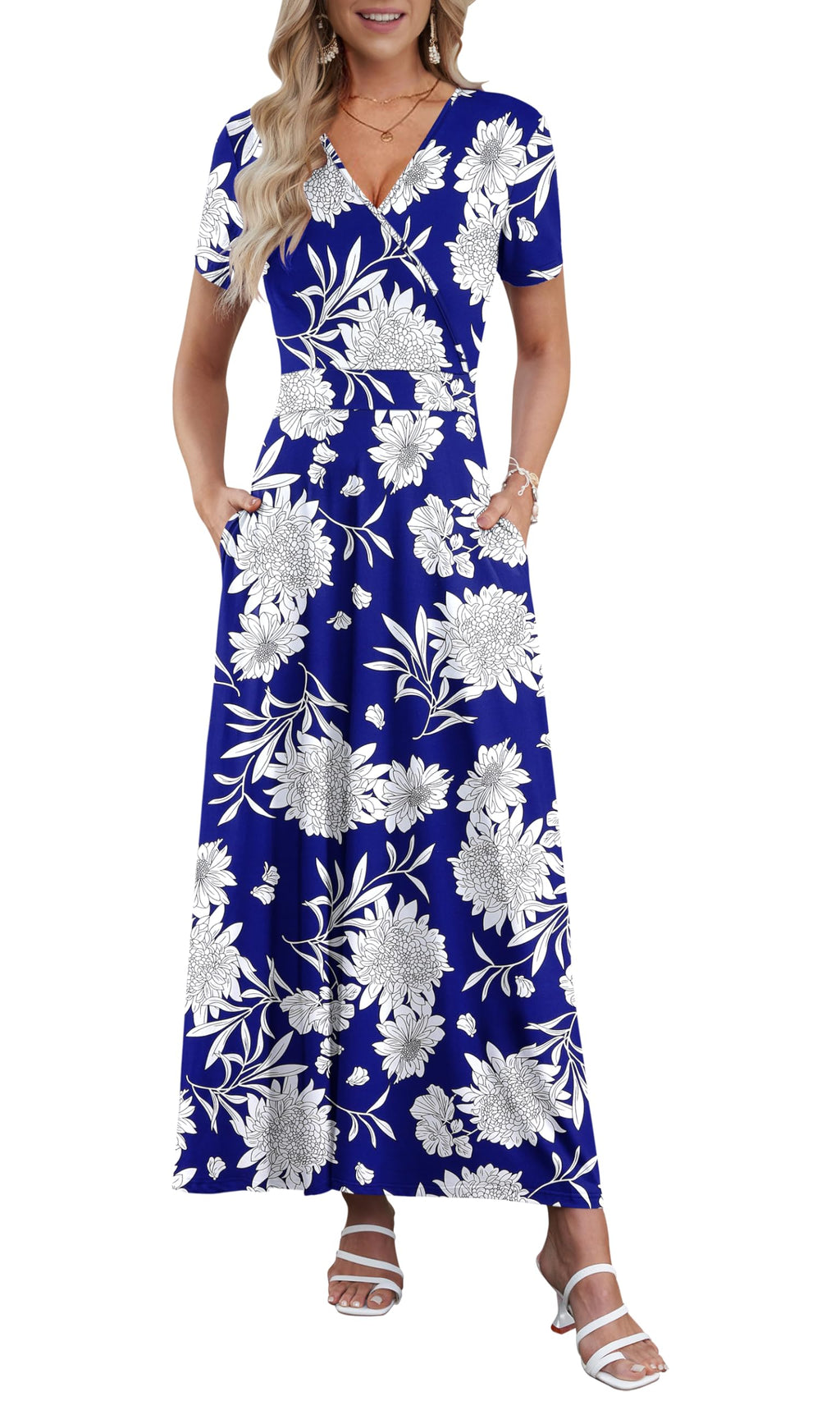 AUSELILY Maxi Dresses for Women Ankle Length Floral Print Beach Long Flowy Dress with Pockets