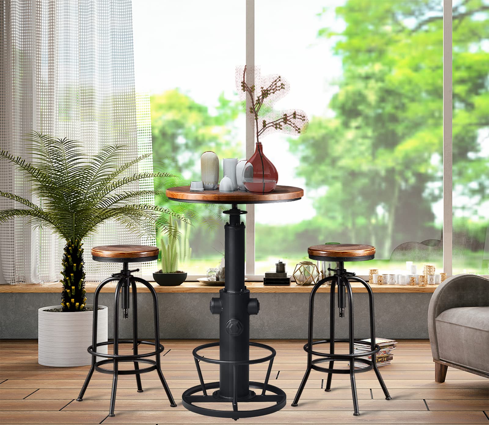 LOKKHAN Industrial Bar Table 38.6"-48.4" Height Adjustable Swivel Round Wood Tabletop 23.7" Dia, Kitchen Dining Office Coffee Bistro Pub Table (Aged Blue)