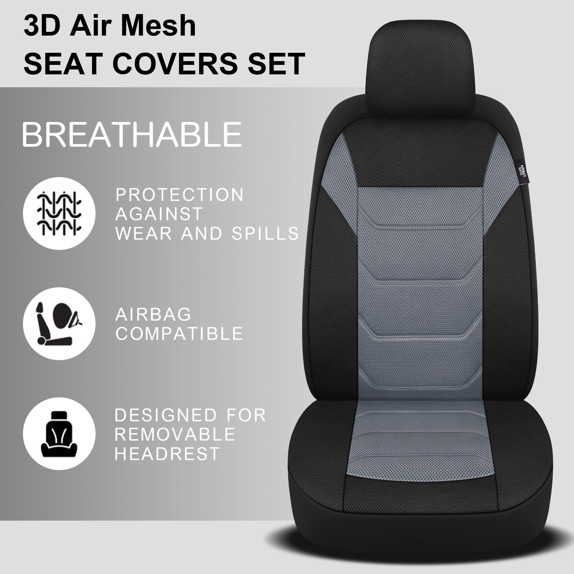 Pariiaotin 3D Air Mesh Car Seat Covers Front Sets Washable and Breathable Premium Cloth Automotive Vehicle Seat Covers for Cars Interior, Universal Fit for Most Cars, Sedan, Truck, SUV(Black)