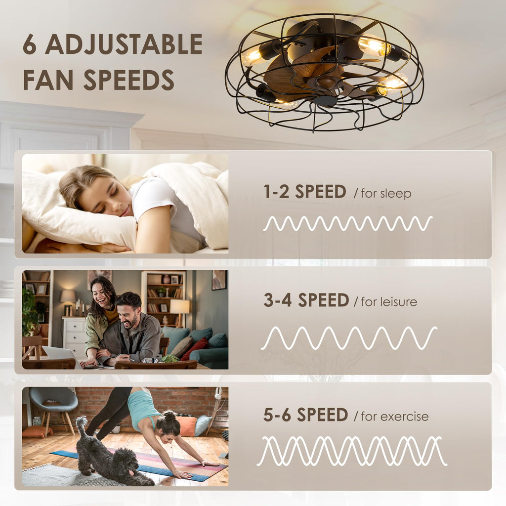 ZYD Caged Ceiling Fan with Light, 20" Ceiling Fan with Lights and Remote Flush Mount, Bladeless Caged Ceiling Fans with Lights, Matte Black Rustic Fan for Bedroom, Kitchen, Dining Room