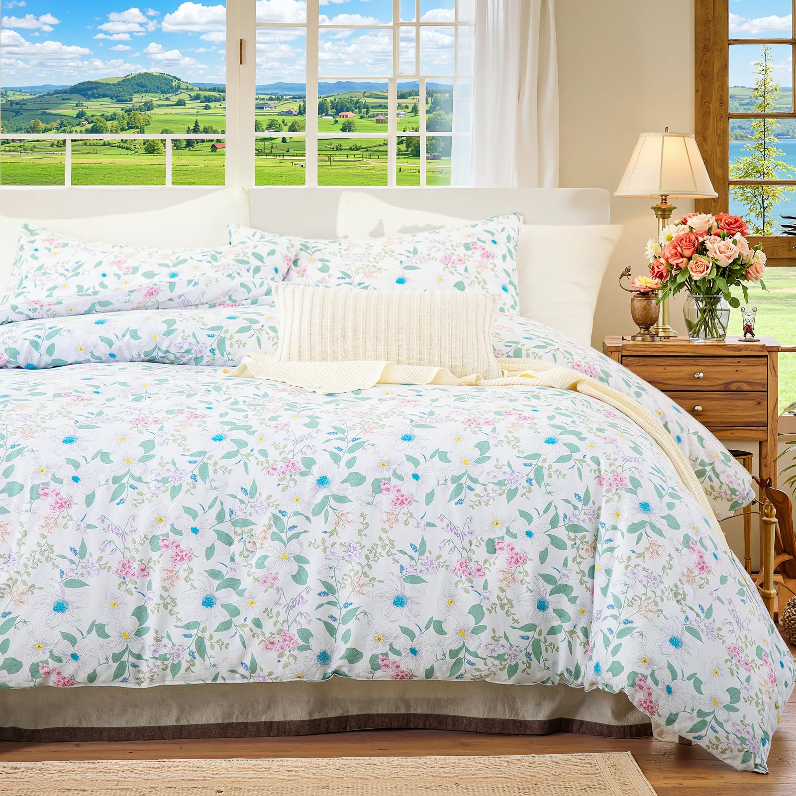 100% Natural Cotton Comforter Set Queen 3 Pcs Grayish Blue Bedding Sets with Luxurious Damask Pattern, Reversible Breathable Soft Comforter Sets for All Season