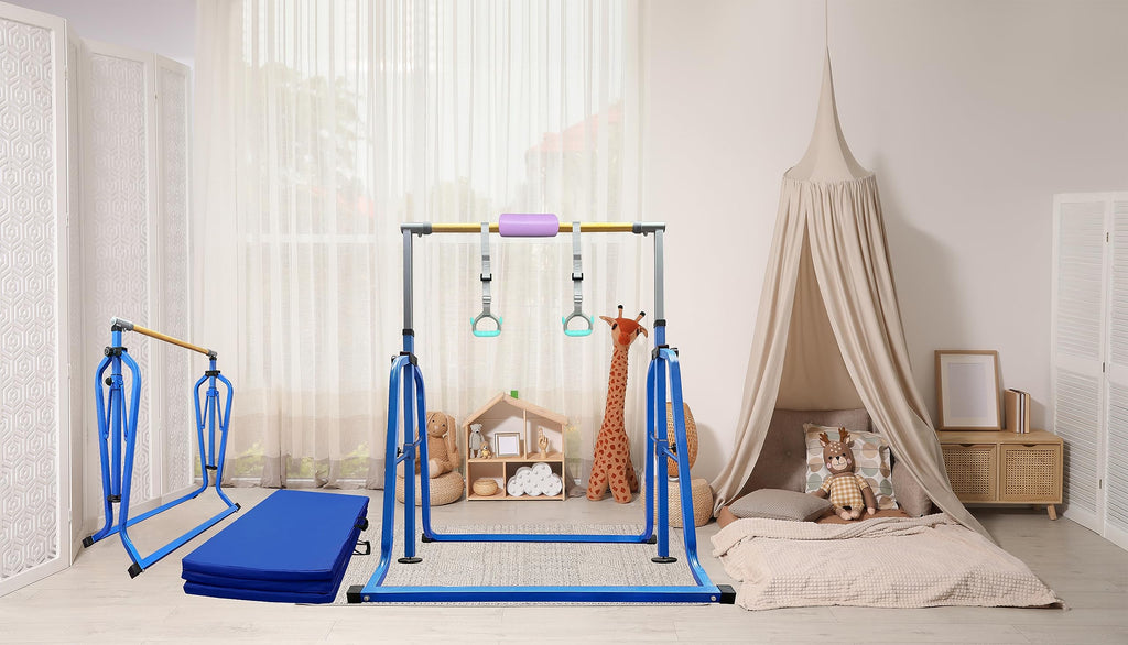 Foldable & Moveable Gymnastics Horizontal Bar with Rings,3’to 5’Adjustable Height Expandable Junior Kip Bar for Home,Indoor Gym Equipment for Kids