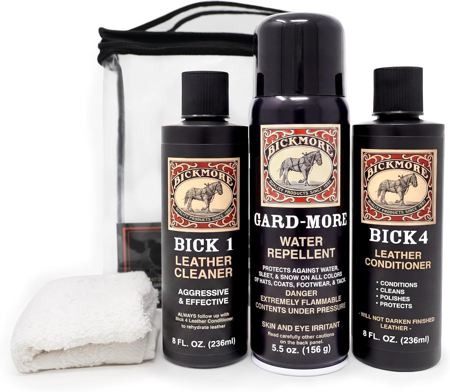 Leather Boot Care Kit - Bick 1 Cleaner, Bick 4 Conditioner, Gard-More Water Repellent Spray & Cloth - Made in USA - Shoe Care Set for Cowboy Boots, Work Boots, Furniture, Bags, Purses, Jackets, & Tack