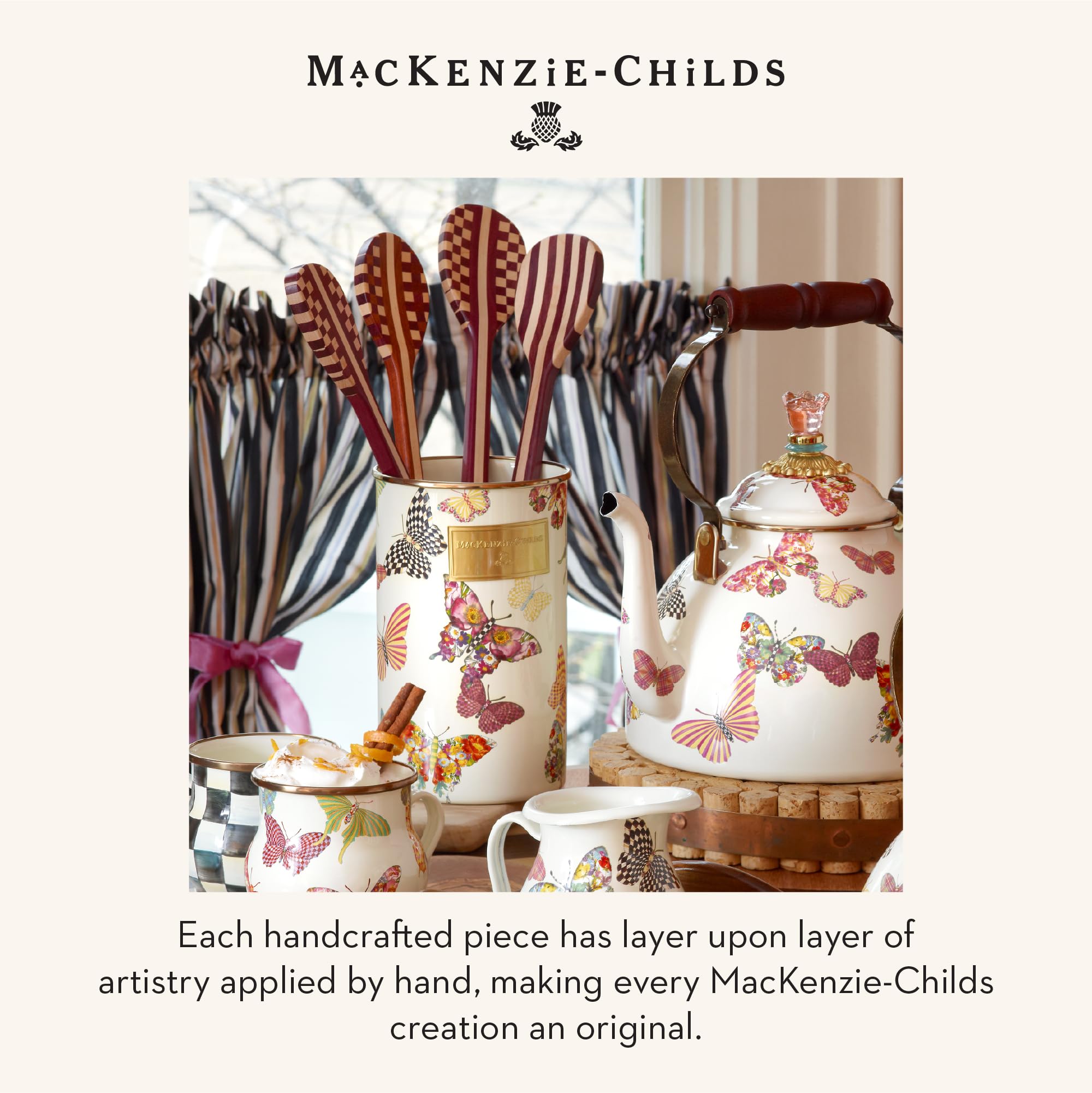 MACKENZIE-CHILDS Enamel Utensil Holder, Stylish Kitchen Countertop Organizer, Wild Rose Brown