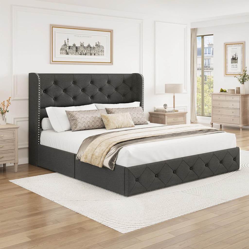 BRELTAM Full Size Bed Frame with Storage Drawers and Wingback Headboard Linen Upholstered Platform Bed Frame Tufted Beds with Heavy Duty Wood Slats, Noise Free, Easy Assembly, Beige
