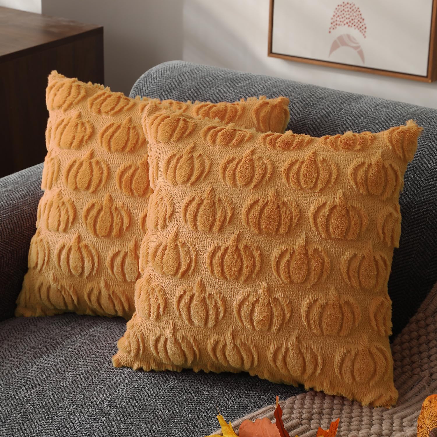 DFXSZ Fall Pillow Covers 16x16 Set of 2 Fall Decorations Autumn Beige Pumpkin Throw Pillow Cases Soft Plush Faux Fur Wool Couch Cushion Case for Chair Sofa Bedroom Living Room Home Decor PTK02B16