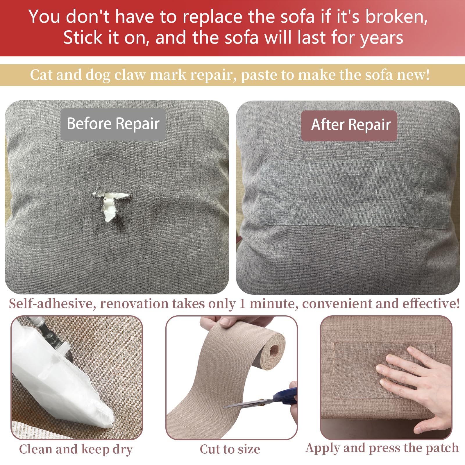 Gheeidau Linen Repair Tape 4x70 Inch Self-Adhesive Couch Patch Repair Fabric Patch for Furniture,Sofas,Cushion,Chairs,Bags,Linen Goods(Beige)