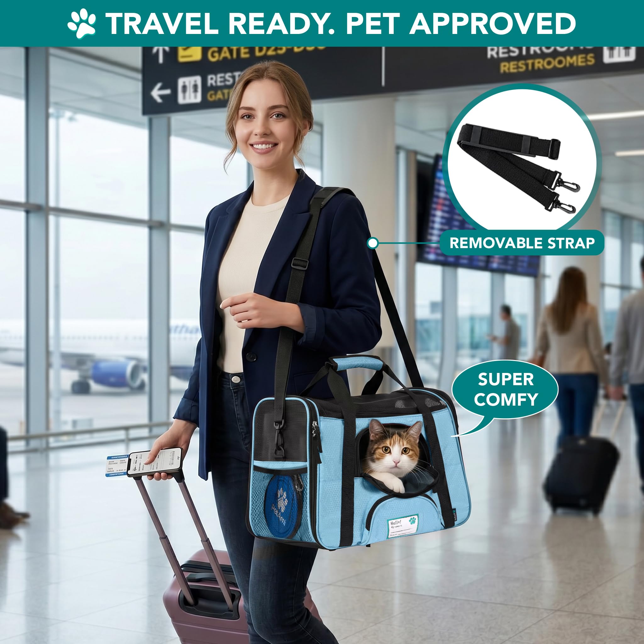 PetAmi Airline Approved Pet Carrier for Cats & Small Dogs, Soft Sided TSA Travel Carrier Bag with Sherpa Bed, Breathable Mesh Ventilation, Collapsible Bowl, Fits Under Seat, Up to 18 lbs, Small Black