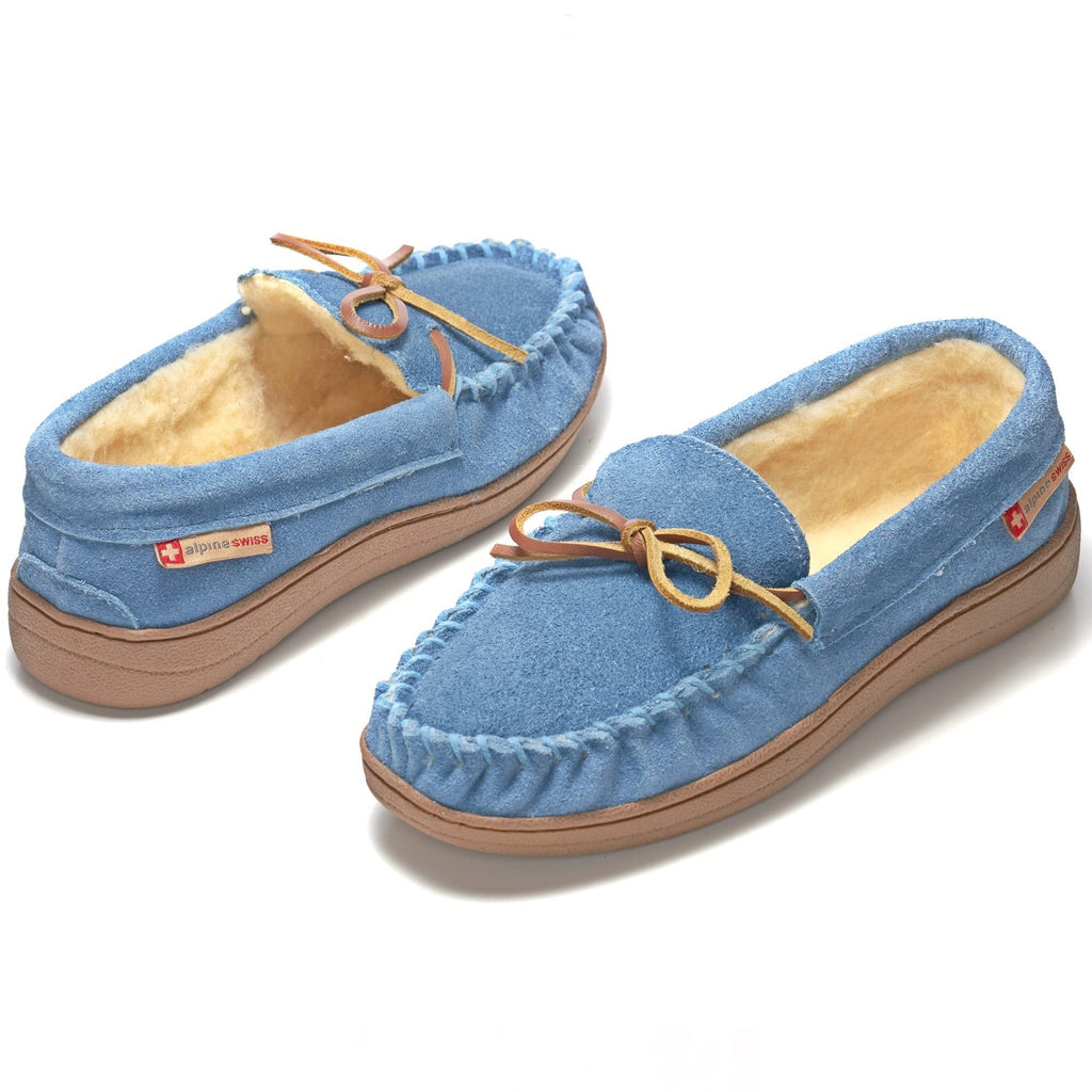Alpine Swiss Sabine Womens Moccasin Slippers Genuine Suede House Shoe Memory Foam Insole Plush Faux Shearling Fur Indoor Outdoor Anti-Slip Rubber Sole