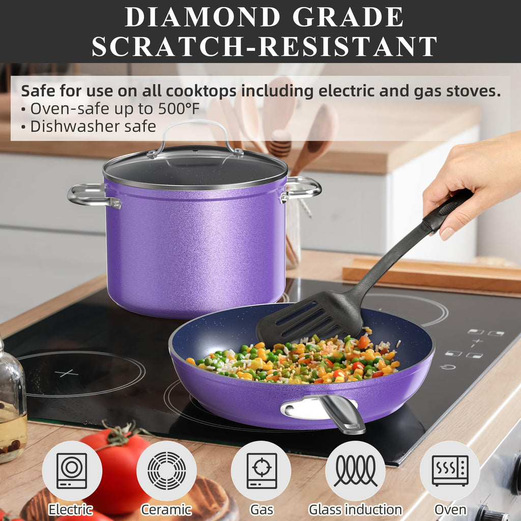 Nuwave Healthy Duralon Blue Ceramic Nonstick Cookware Set, Diamond Infused Scratch-Resistant, PFAS Free, Dishwasher & Oven Safe, Induction Ready & Evenly Heats, Tempered Glass Lids & Stay-Cool Handles