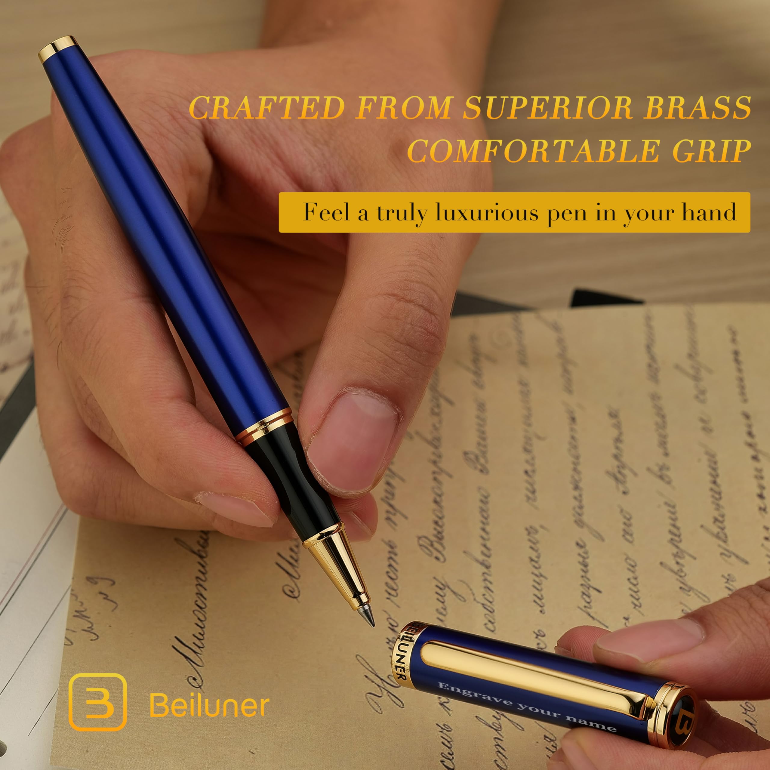 BEILUNER Luxury Rollerball Pen,24K Gold Trim,Noble and Elegant Designs,Schneider Ink Refill, Best Roller Ball Pen Gift Set for Men & Women, Professional, Executive Office, Nice Pens