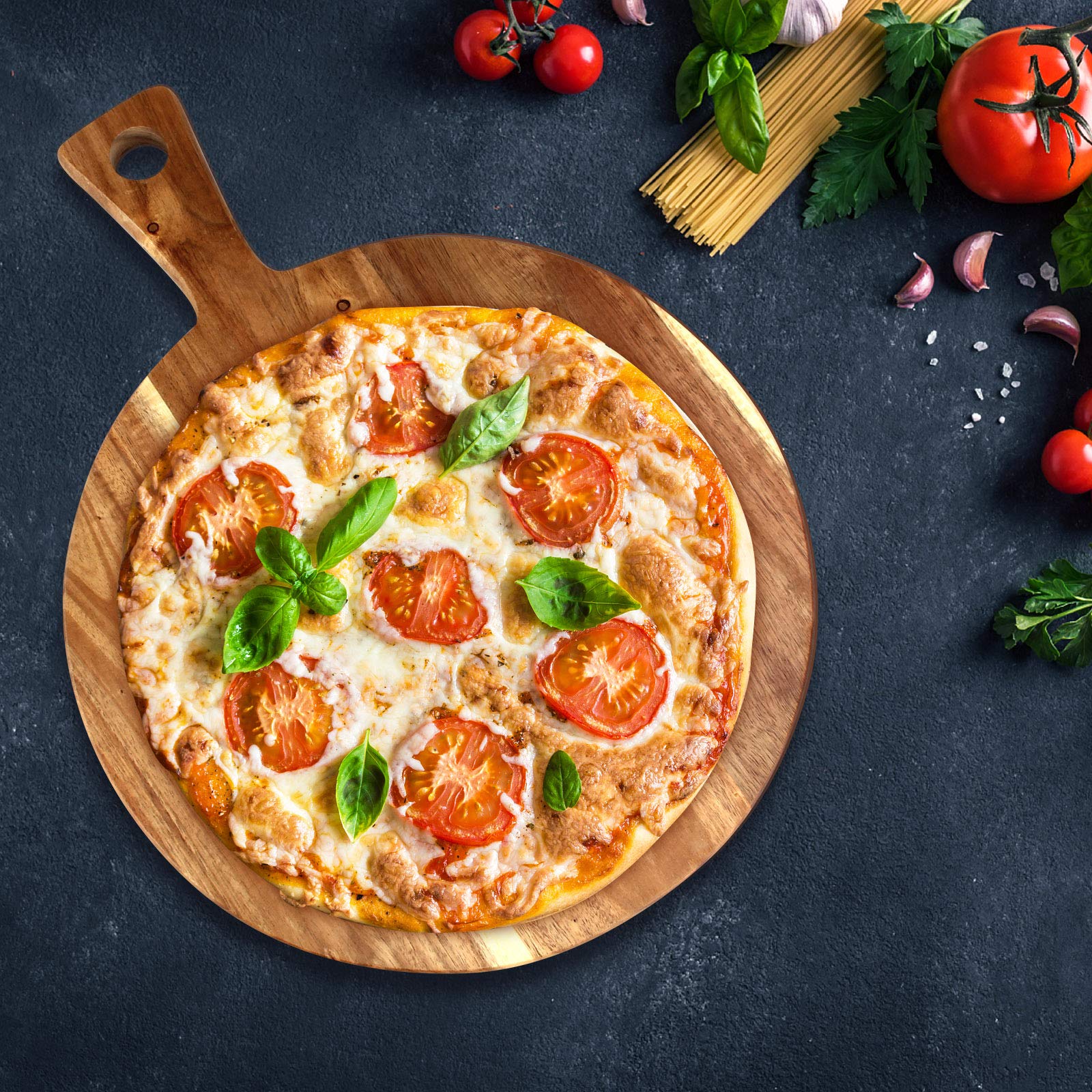 Acacia Wood Cutting Board with Handle Wooden Chopping Board Round Cutting Boards for Kitchen Decor Large Charcuterie Board Tray Teak Meat Cheese Board Bread Serving Platter Butcher Block Pizza Board