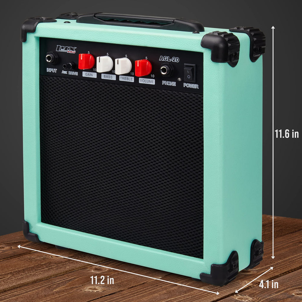 LyxPro Electric Guitar Amp 20 Watt Amplifier Built in Speaker Headphone Jack and Aux Input Includes Gain Bass Treble Volume and Grind - Black