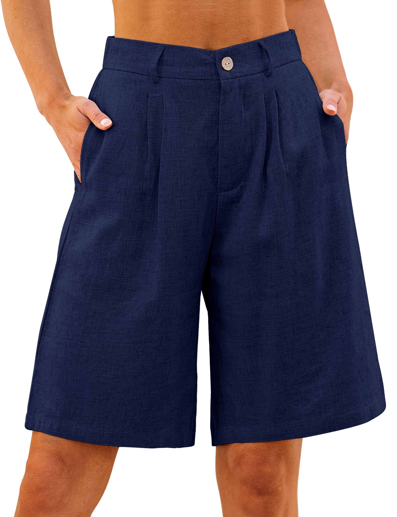 luvamia Bermuda Shorts for Women High Waisted Linen Dressy Casual Pleated Wide Leg Summer Shorts with Elastic Waist