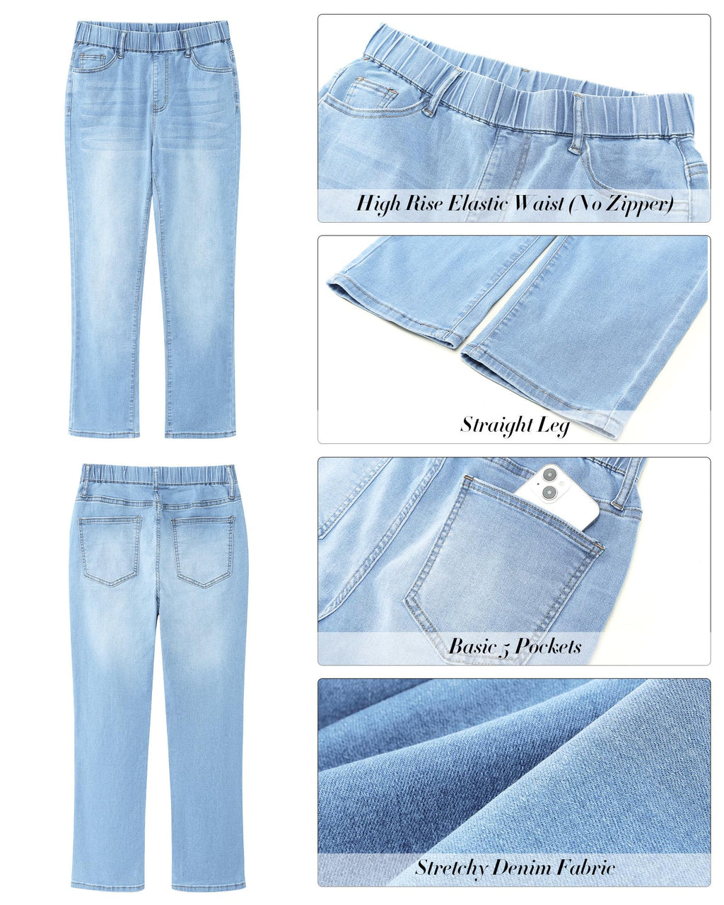 GRAPENT Straight Leg Jeans for Women Trendy Pull On High Waisted Cropped Elastic Waist Stretchy Denim Pants Ankle Jeans