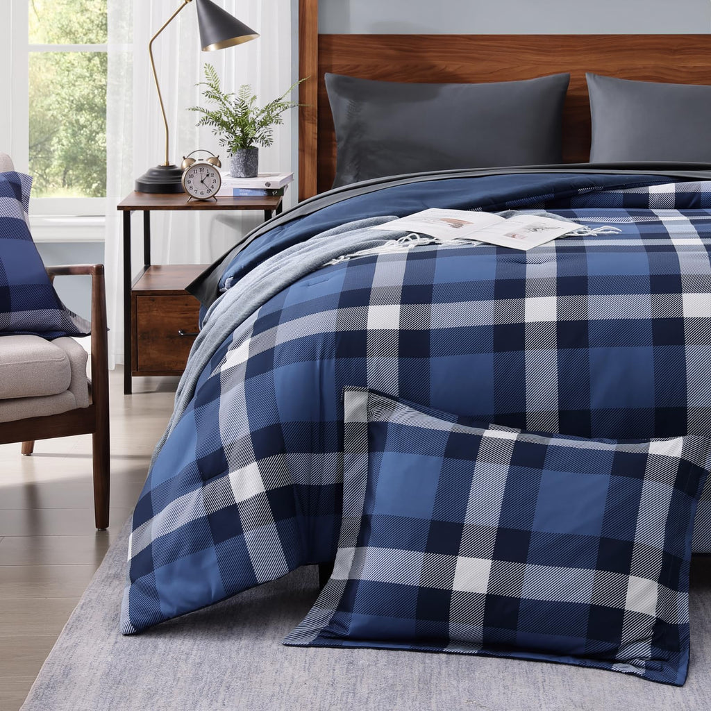 MaiRêve Queen Comforter Set, Classic Plaid Farmhouse Bedding Sets 7 Pieces, Beige All Season Bed in A Bag with Sheets, Pillowcases & Shams