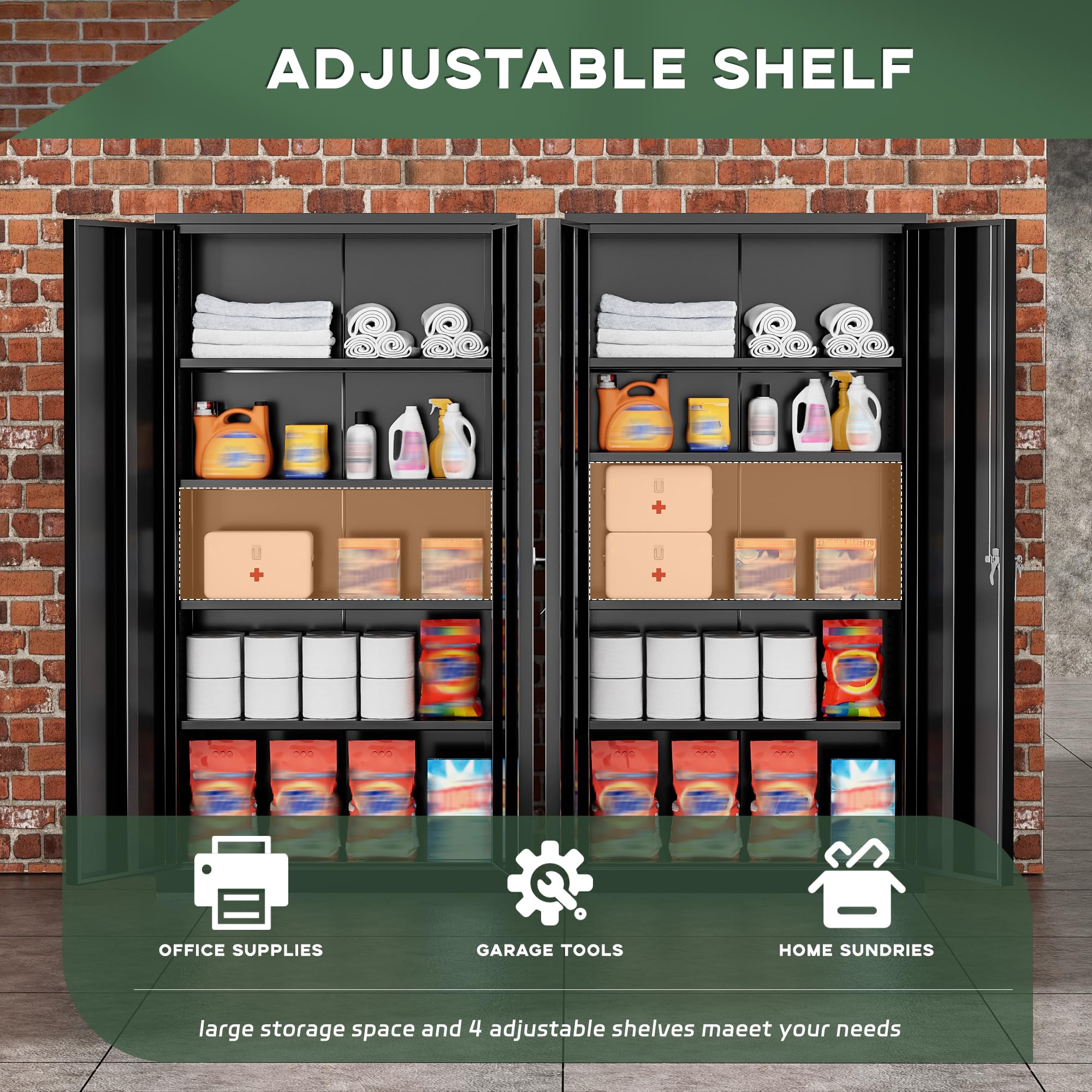 Greenvelly Metal Storage Cabinet, 36" Locking Storage Cabinet with Doors and Shelves, Lockable Storage Cabinets for Home Office, Utility Locker Cabinet, Steel Garage Cabinet with 2 Keys, Black