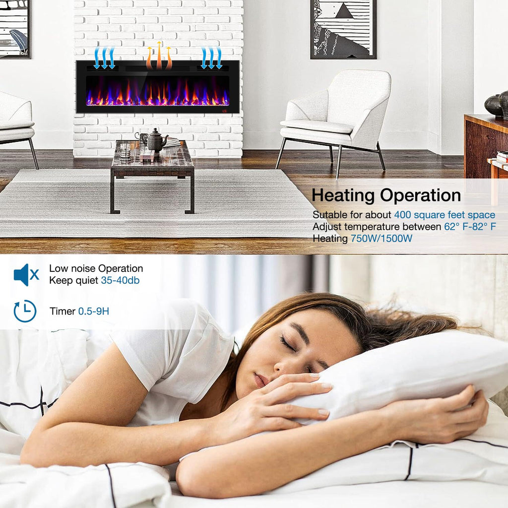 31 Inch Electric Fireplace Recessed and Wall Mounted, Fireplace Heater and Linear Fireplace, Ultra-Thin Electric Fireplace, Low Noise, with Timer, Remote Control, Adjustable 12 Flame Color, 750/1500W