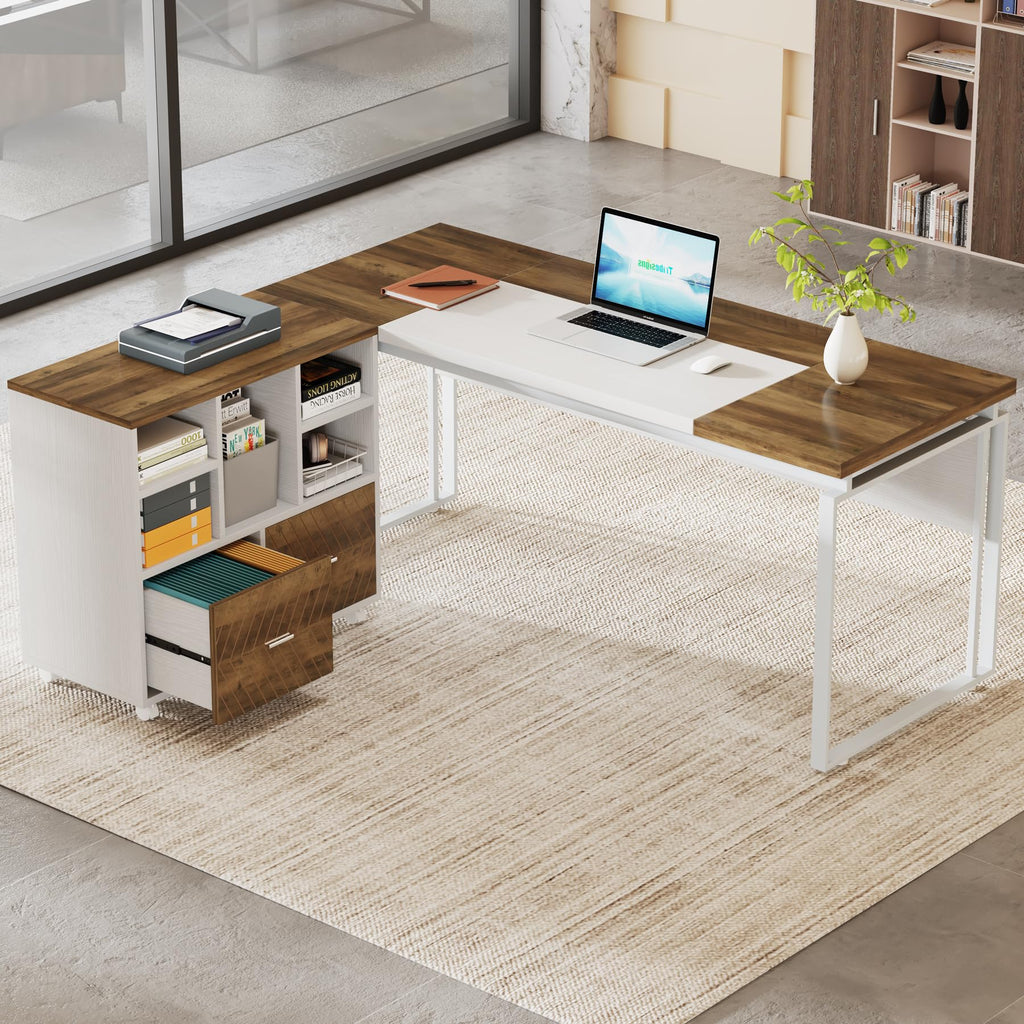 Tribesigns L-Shaped Executive Desk with Reversible File Cabinet, 63" Office Desk with Storage Drawers, L-Shaped Computer Desk with Drawer Cabinet for Hanging Letter Size Files (Gray & Black)