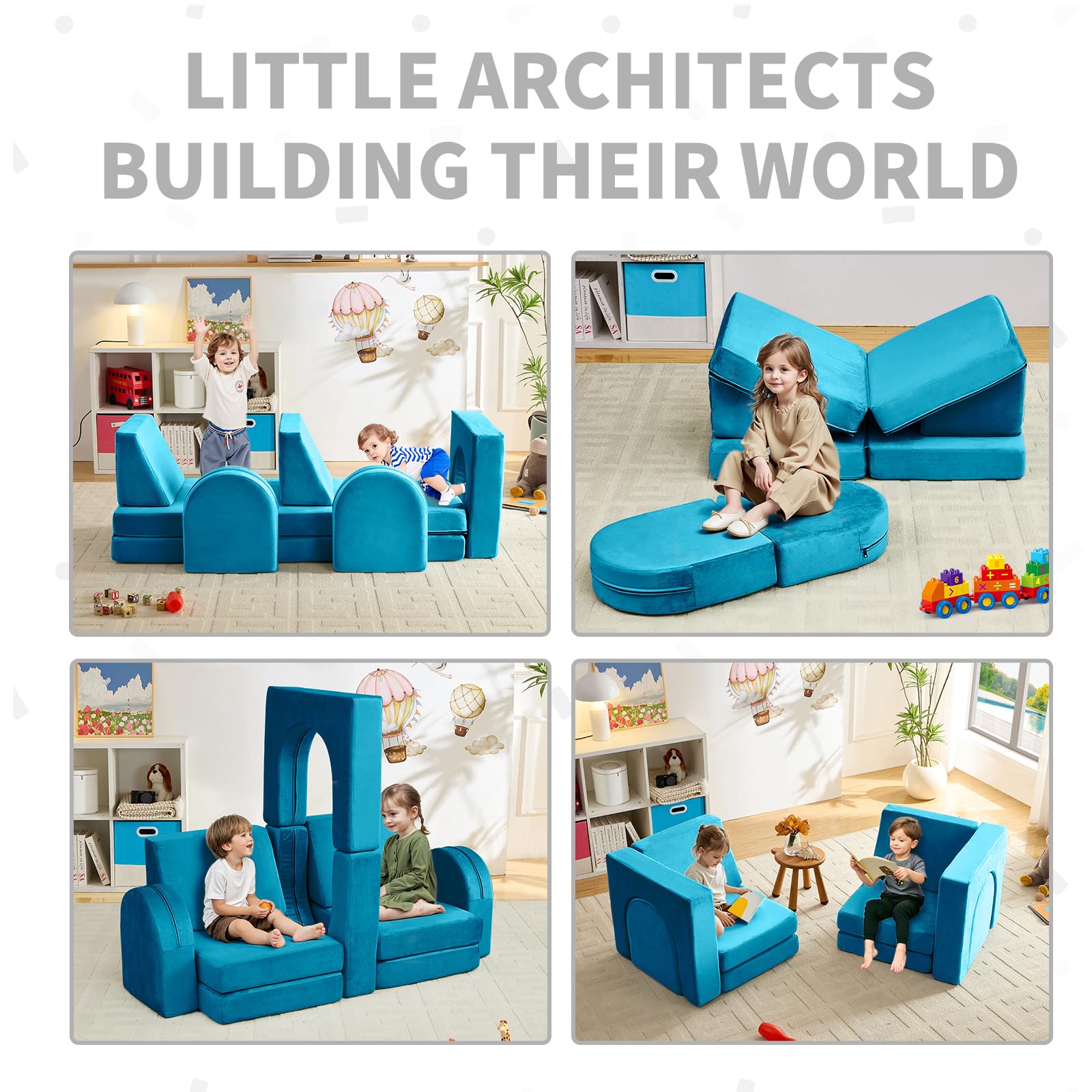 wanan Kids Couch 10PCS, Modular Kids Play Couch for Playroom Bedroom, 10 in 1 Multifunctional Kid Sofa for Playing, Creativing, Sleeping, Indoor Toddler Couches for Boys and Girls(Dark Grey)
