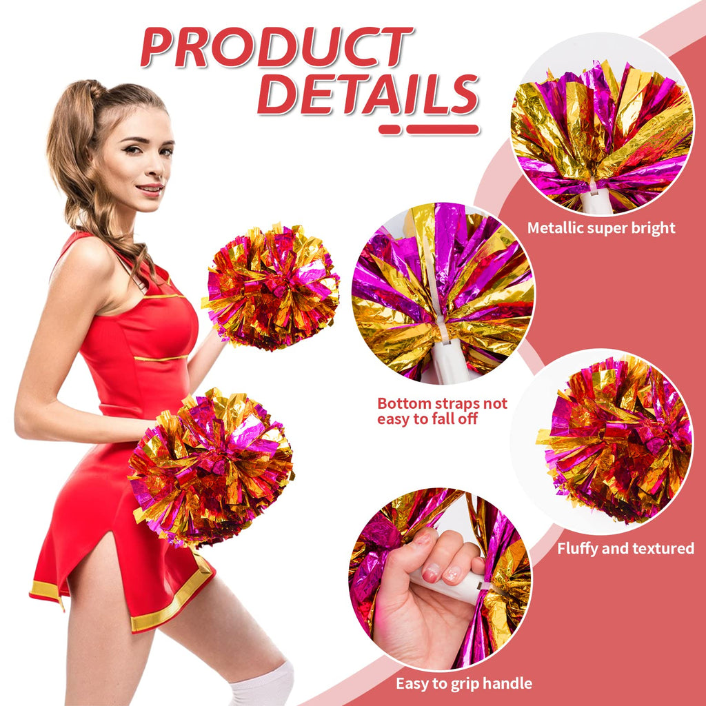 4Pcs Metallic Cheerleading Pom Poms, Creatiee 2 Pair Cheerleader Cheering Squad Pompoms for School Sports Dance Games Team Spirit Cheer