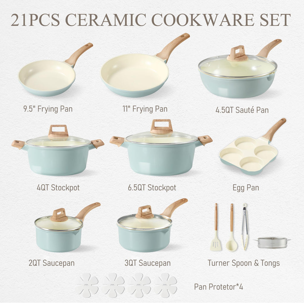 CAROTE 21pcs Pots and Pans Set Nonstick, Cookware Set Black Induction Kitchen Cooking Set w/Frying Pans & Saucepans(PFOS, PFOA Free)