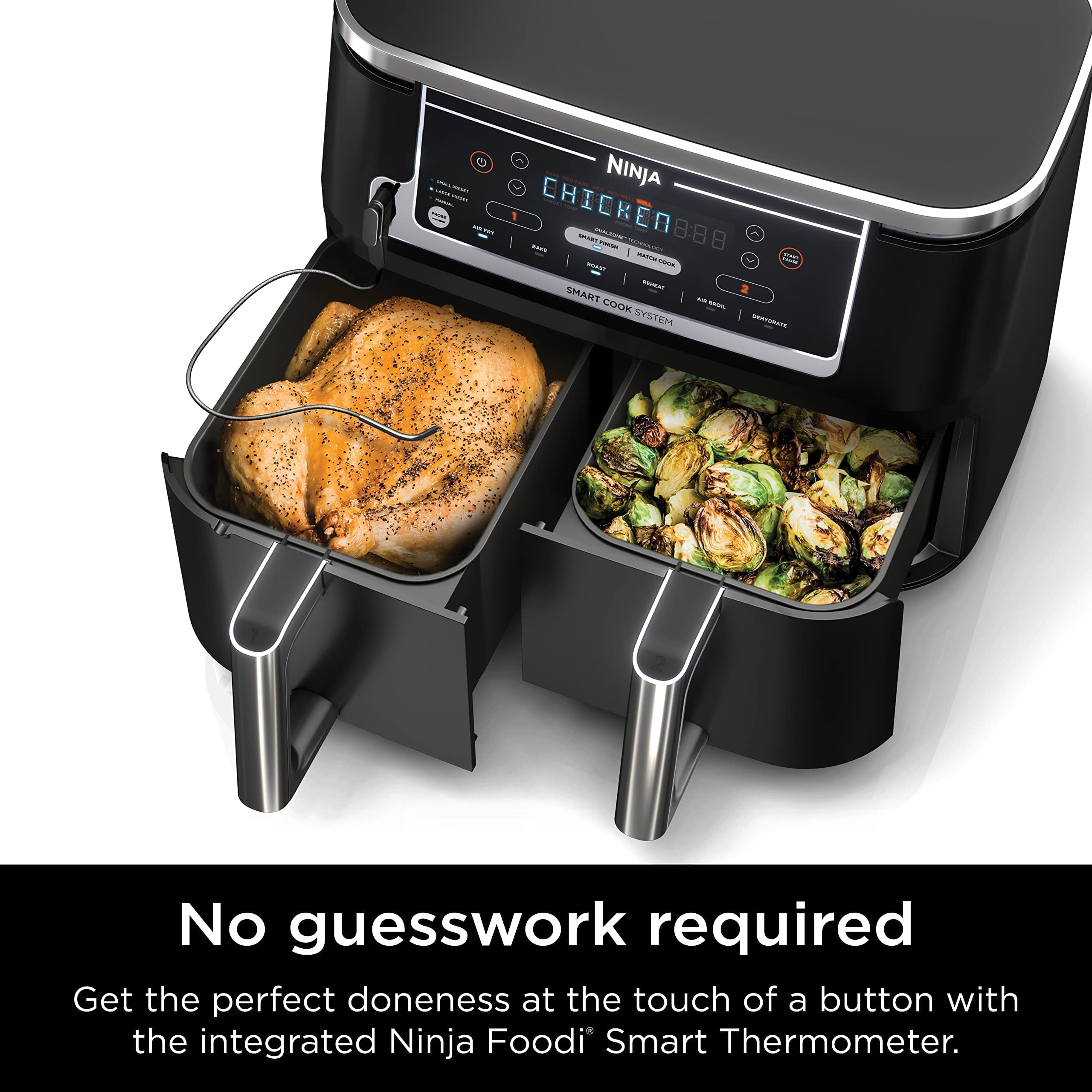 Ninja DZ550 Foodi 10 QT 6-in-1 DualZone Smart XL Air Fryer with 2 Independent Baskets, Smart Cook Thermometer for Perfect Doneness, Match Cook & Smart Finish to Roast, Dehydrate & More, Grey