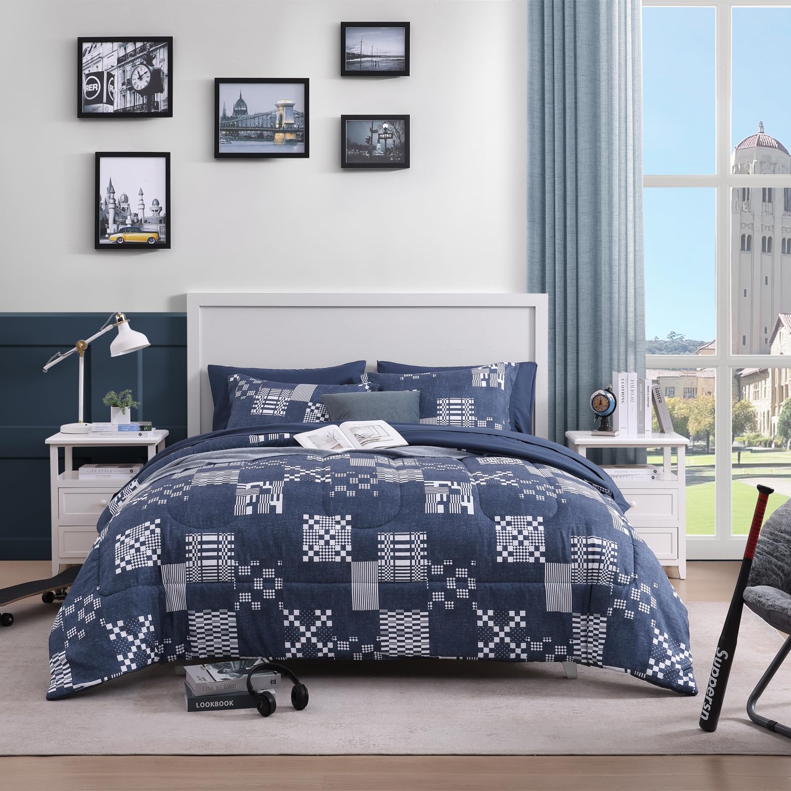 AMBERSPACE Plaid Twin XL Comforter Set Black, Reversible Checkered Bedding Set 5 Pieces for Boys Girls Teen, Lightweight Bed in a Bag for Dorm with Sheets, Pillowcase & Sham