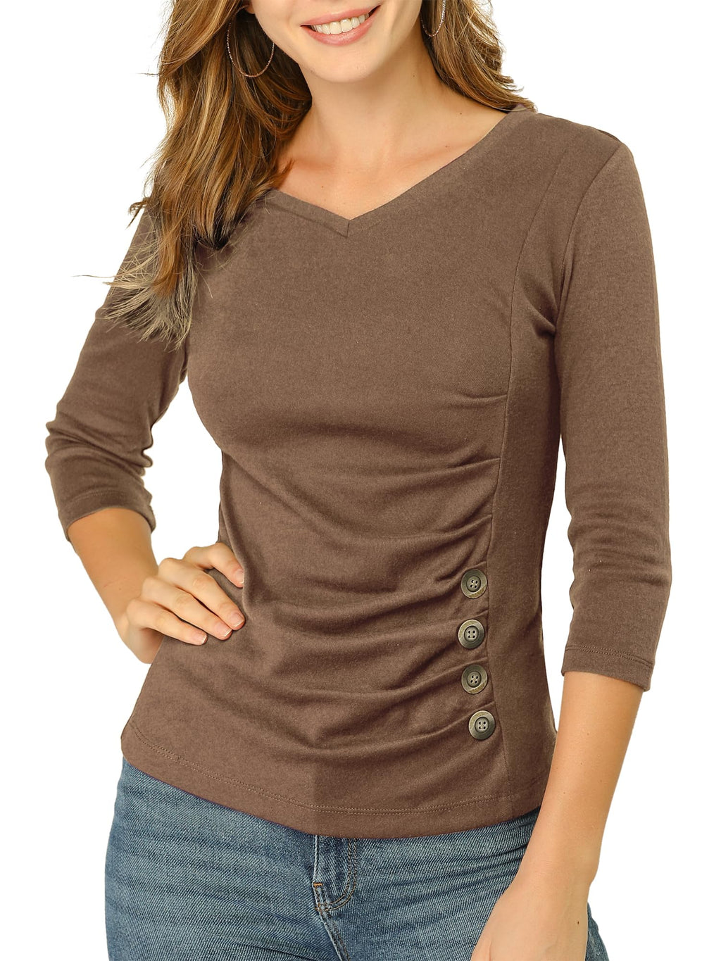 Allegra K Women's V Neck Tops 3/4 Sleeves Solid Knitted Buttons Decor Ruched Blouse