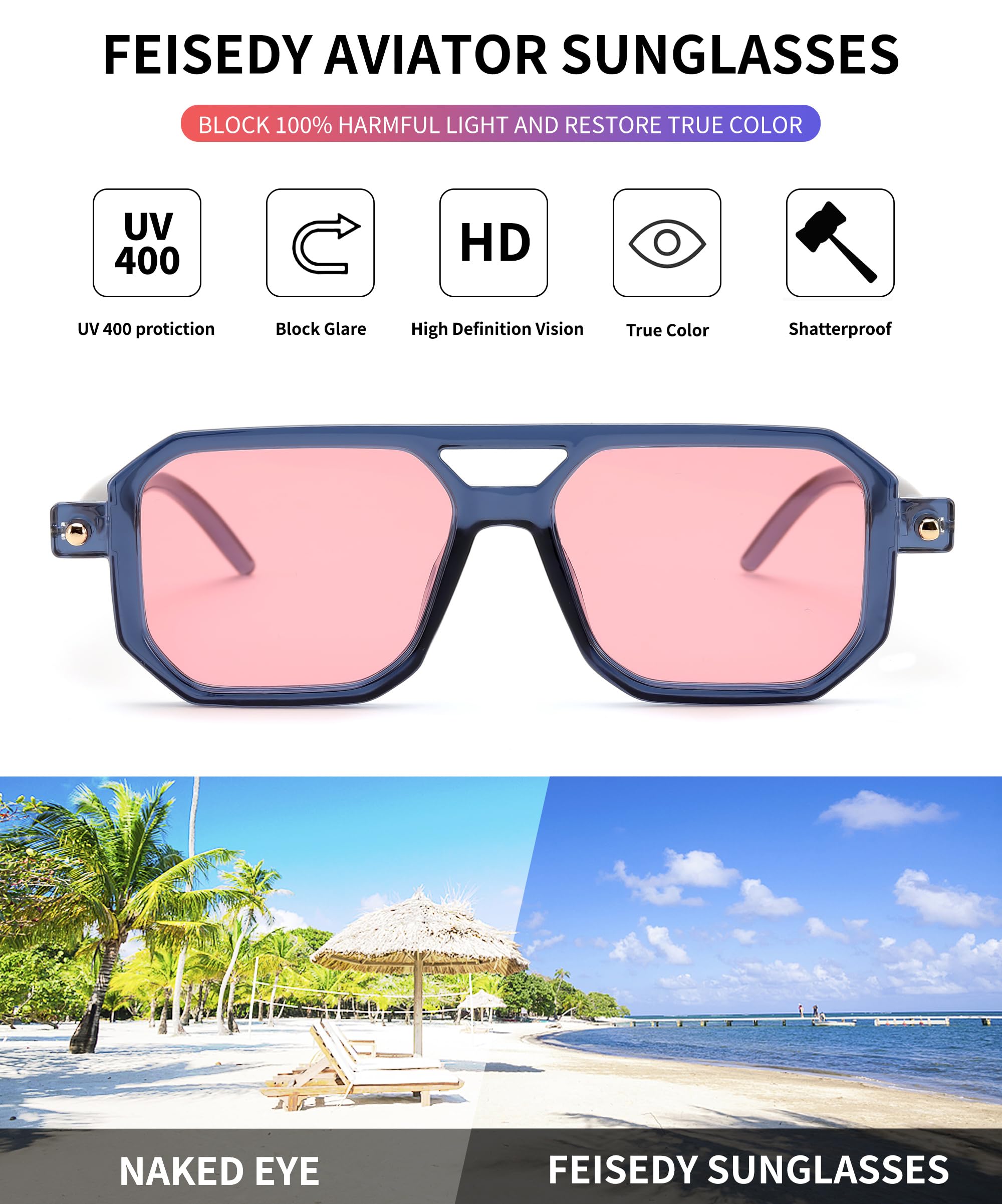 FEISEDY Vintage Square 70s Flat Aviator Sunglasses Women Men Classic Retro Stylish Frame UV400 Sunglasses B2622