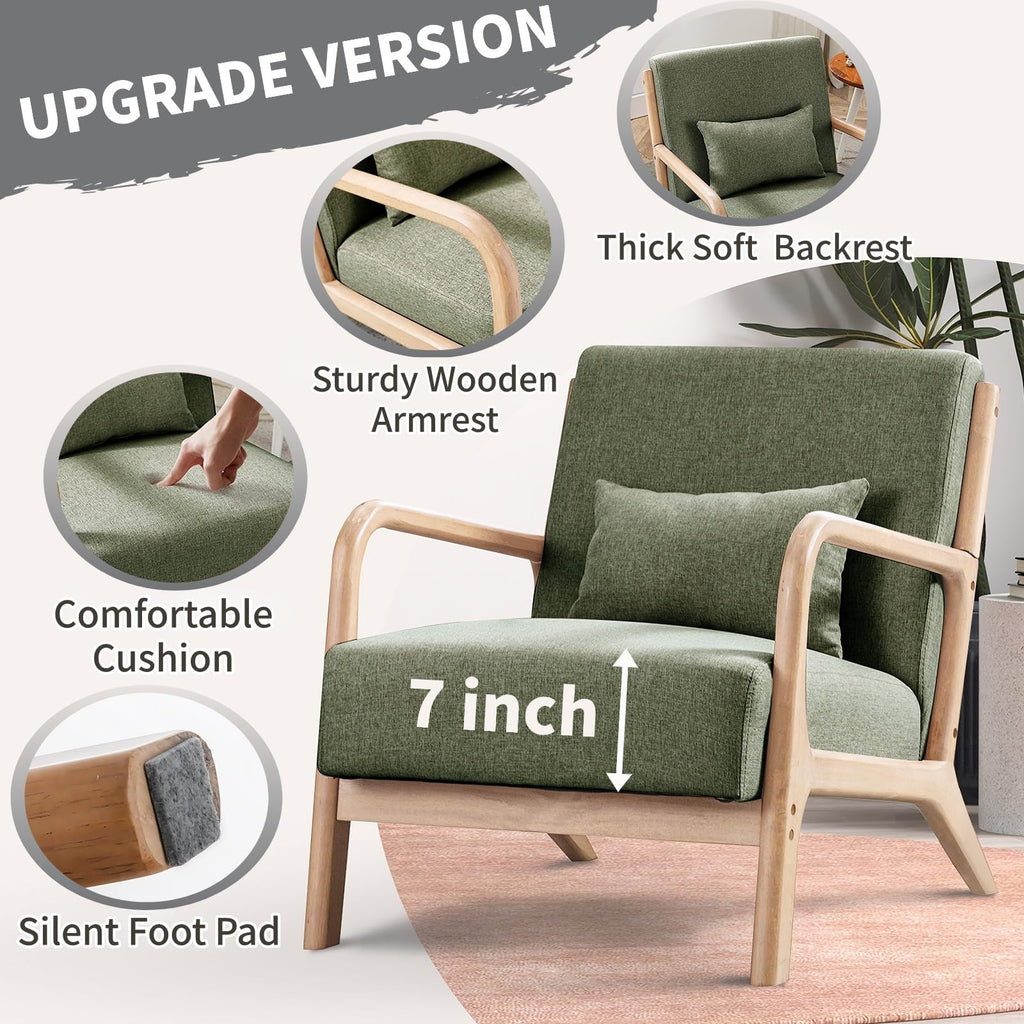 ANJ Mid Century Modern Accent Chair, Comfy Fabric Living Room Chairs with Solid Wood Frame, Lounge Reading Armchair, Easy Assembly, Beige