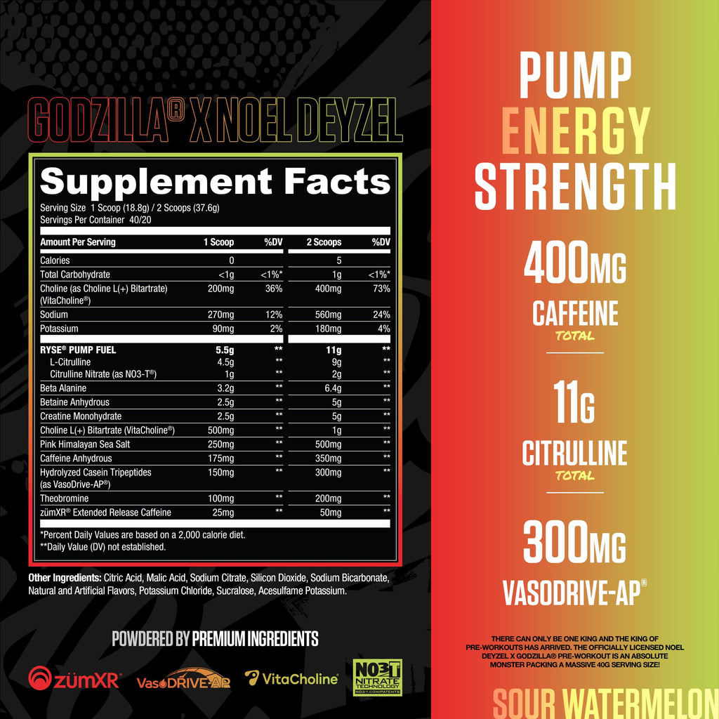 RYSE Godzilla X Noel Deyzel Pre Workout Powder - BlackBerry Lemonade - 400mg Caffeine, High Stim Pre-Workout for Men & Women with Citrulline & Beta Alanine - Energy, Pump & Focus - 20/40 Servings